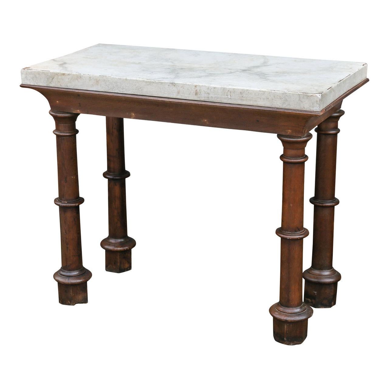 Faux Carrara Marble Top Oak Two-Sided Console 3