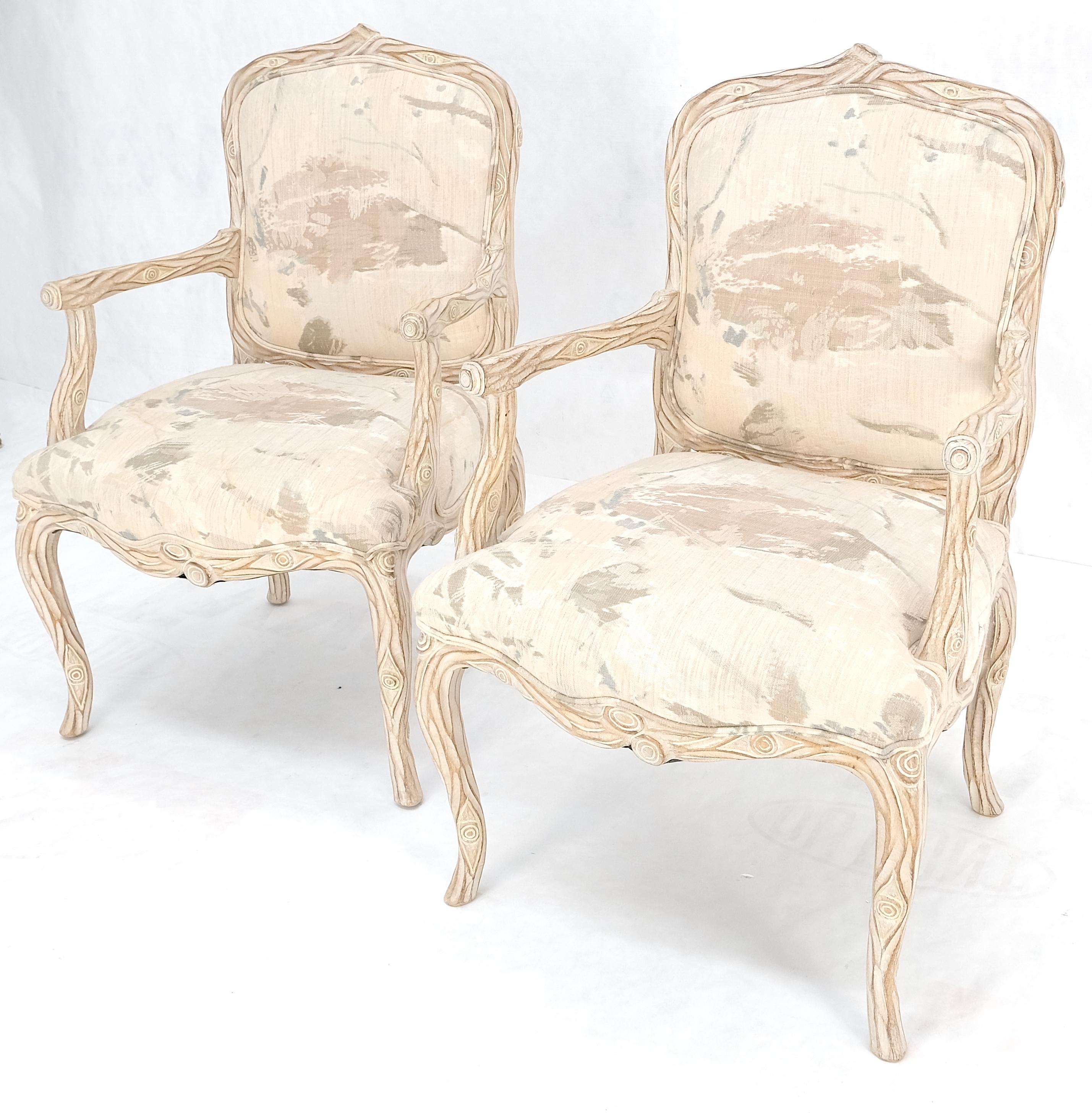 Faux Carved Twig Wood & Eye Theme Arm Lounge Fireside Arm Chairs White Wash MINT For Sale 3