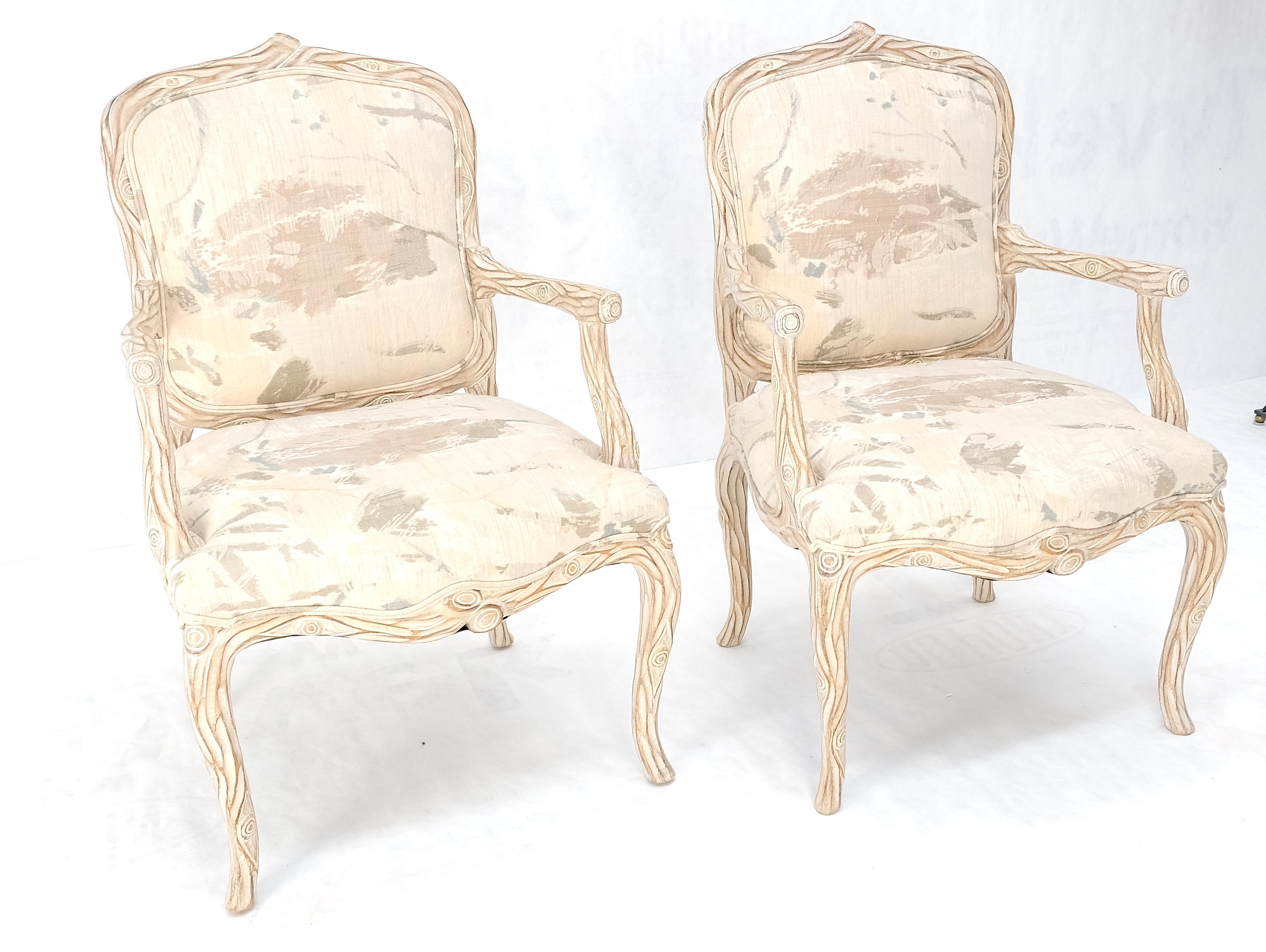 Faux Carved Twig Wood & Eye Theme Arm Lounge Fireside Arm Chairs White Wash MINT In Good Condition For Sale In Rockaway, NJ