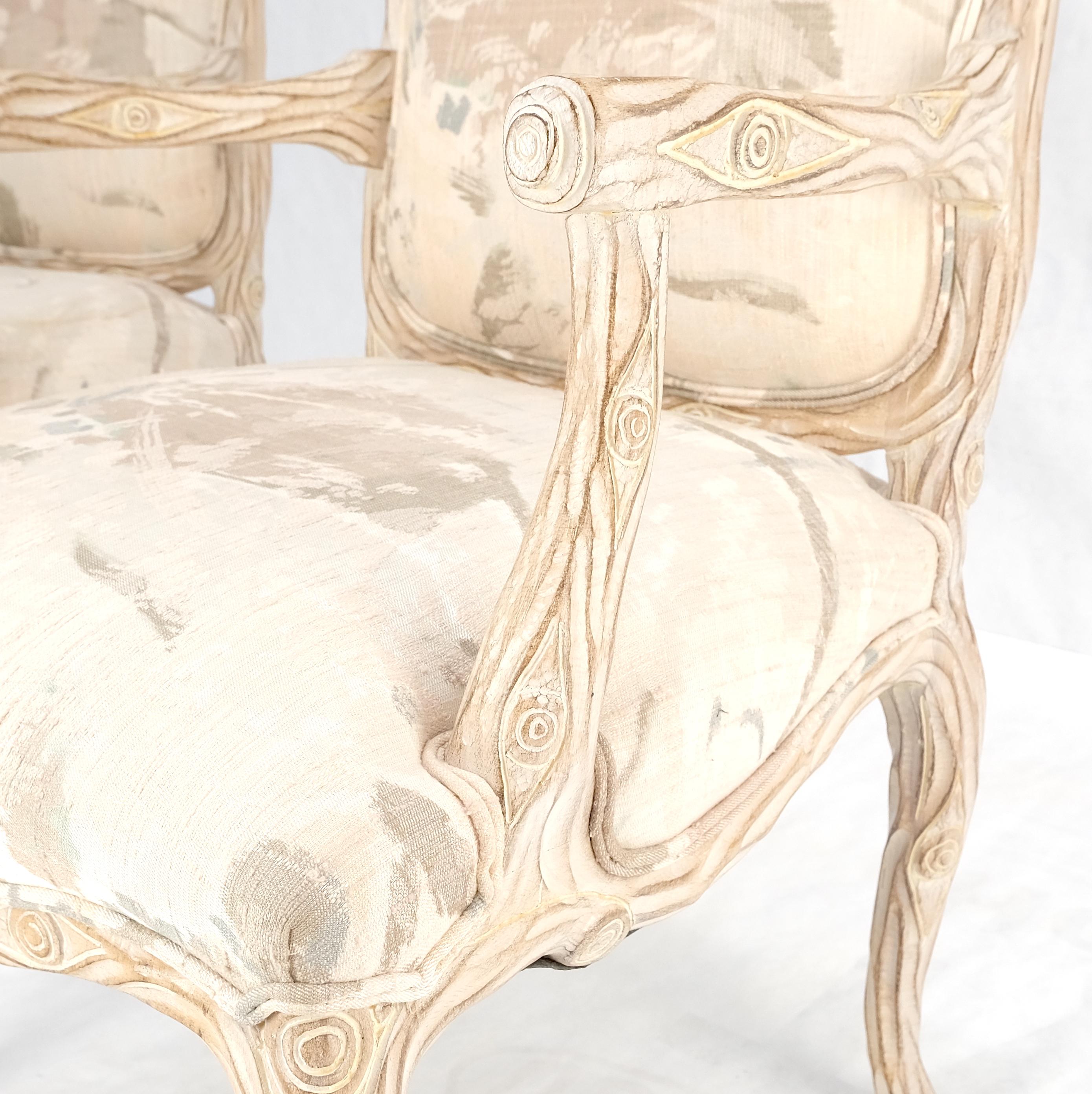 Faux Carved Twig Wood & Eye Theme Arm Lounge Fireside Arm Chairs White Wash MINT For Sale 1