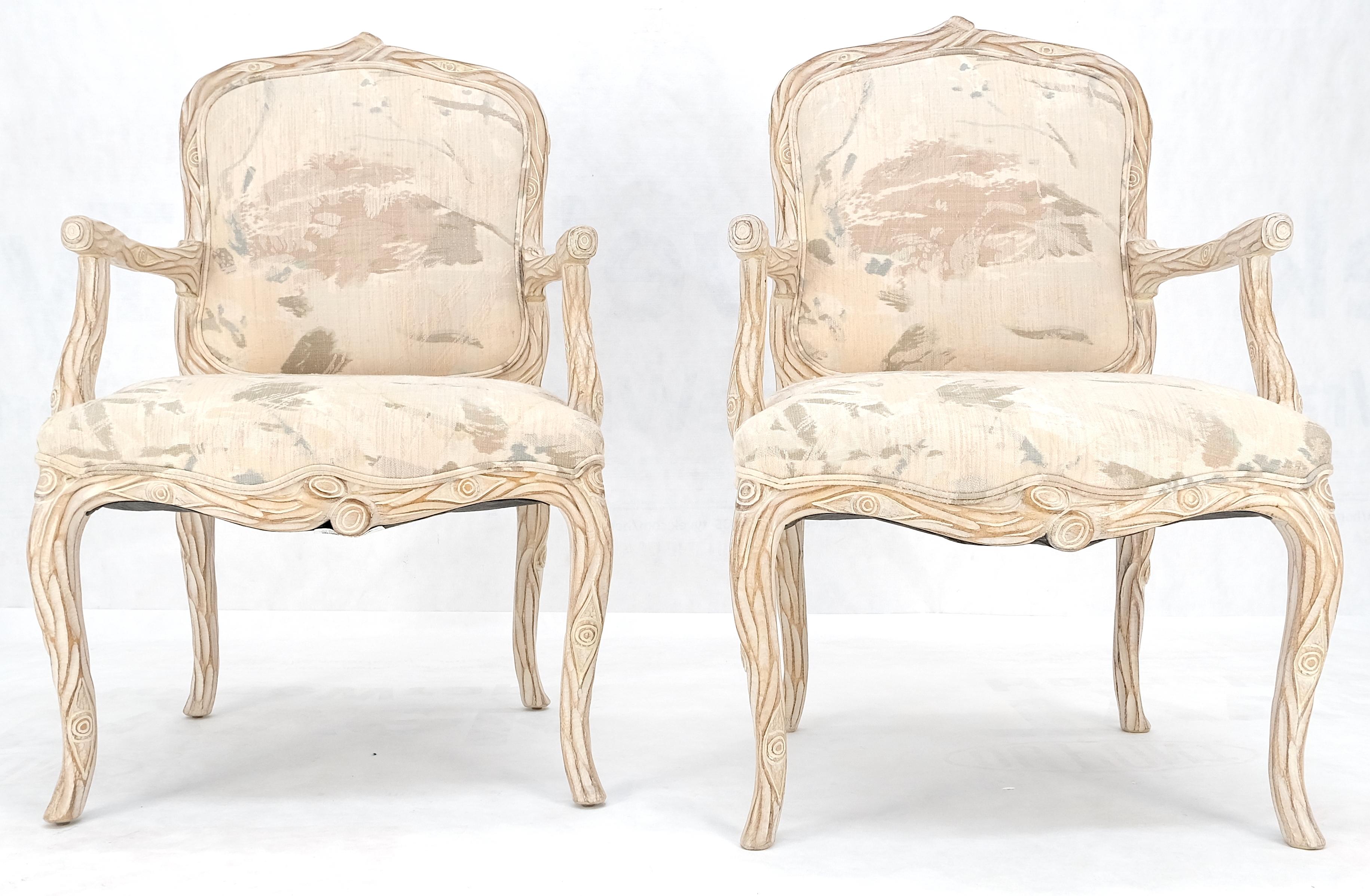Faux Carved Twig Wood & Eye Theme Arm Lounge Fireside Arm Chairs White Wash MINT For Sale 2