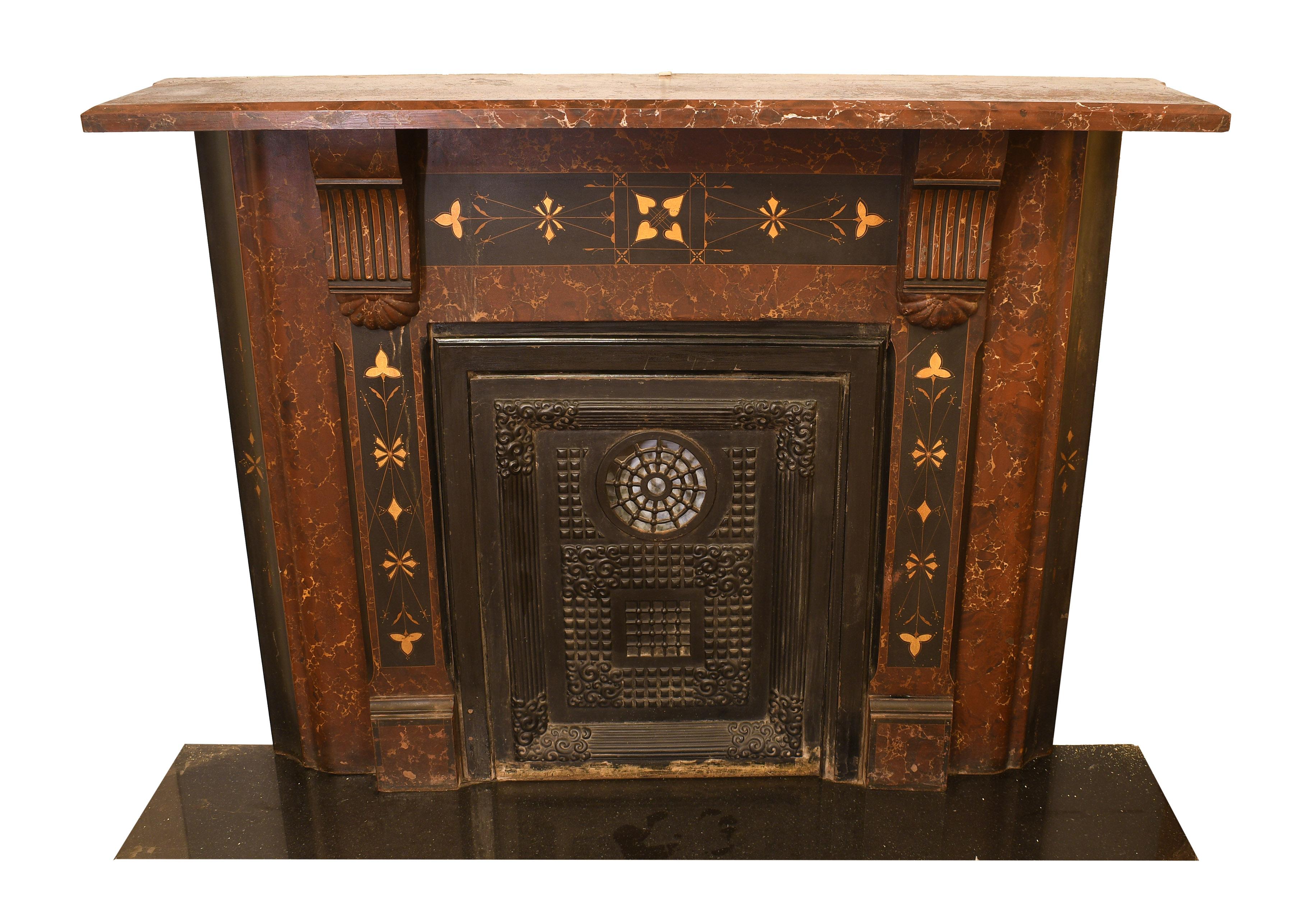 Late 1890s-1920s the cast iron mantel was a common fixture in smaller spaces because of it thin 12” profile. Iconic, simple, clean lines dominate and enhance this Classic look with its faux stone paint, slate top and summer cover make this piece fit