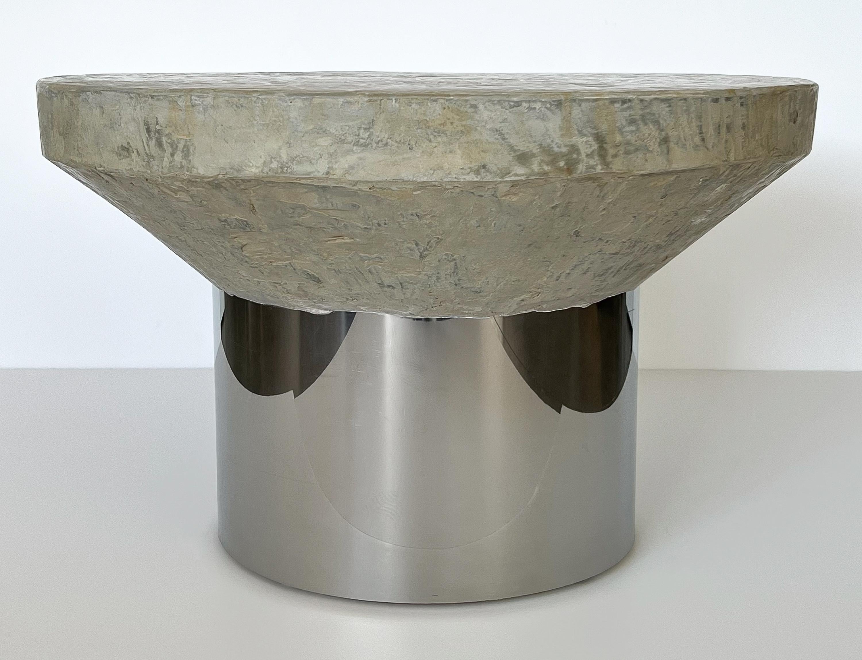 Mid-Century Modern Faux Cement and Chrome Pedestal Coffee / End Table