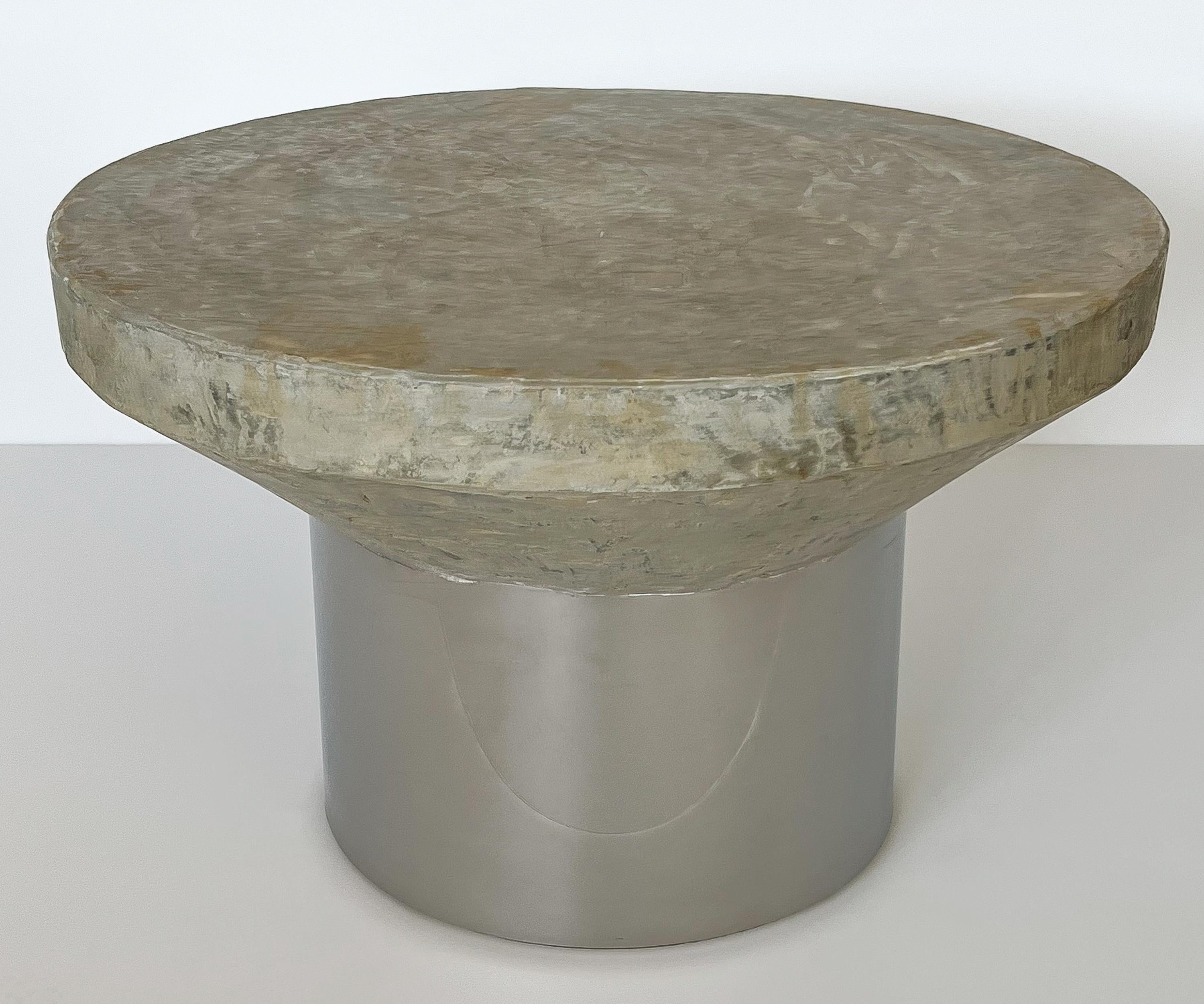 American Faux Cement and Chrome Pedestal Coffee / End Table