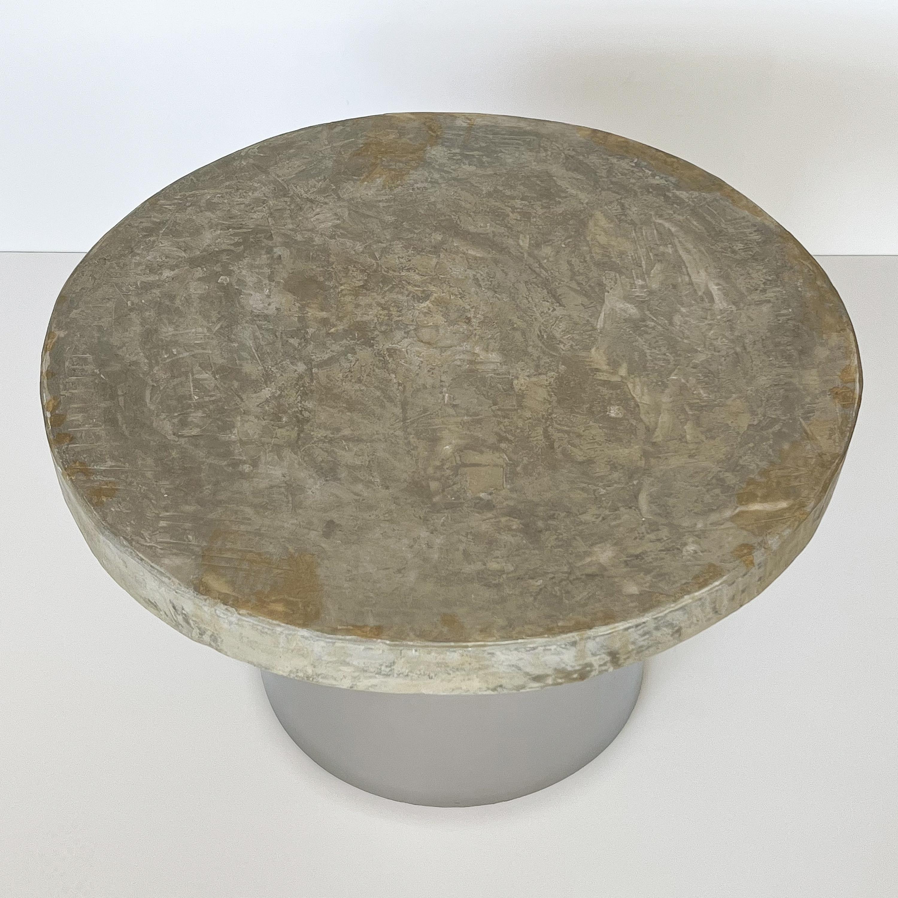 Faux Cement and Chrome Pedestal Coffee / End Table In Good Condition In Chicago, IL