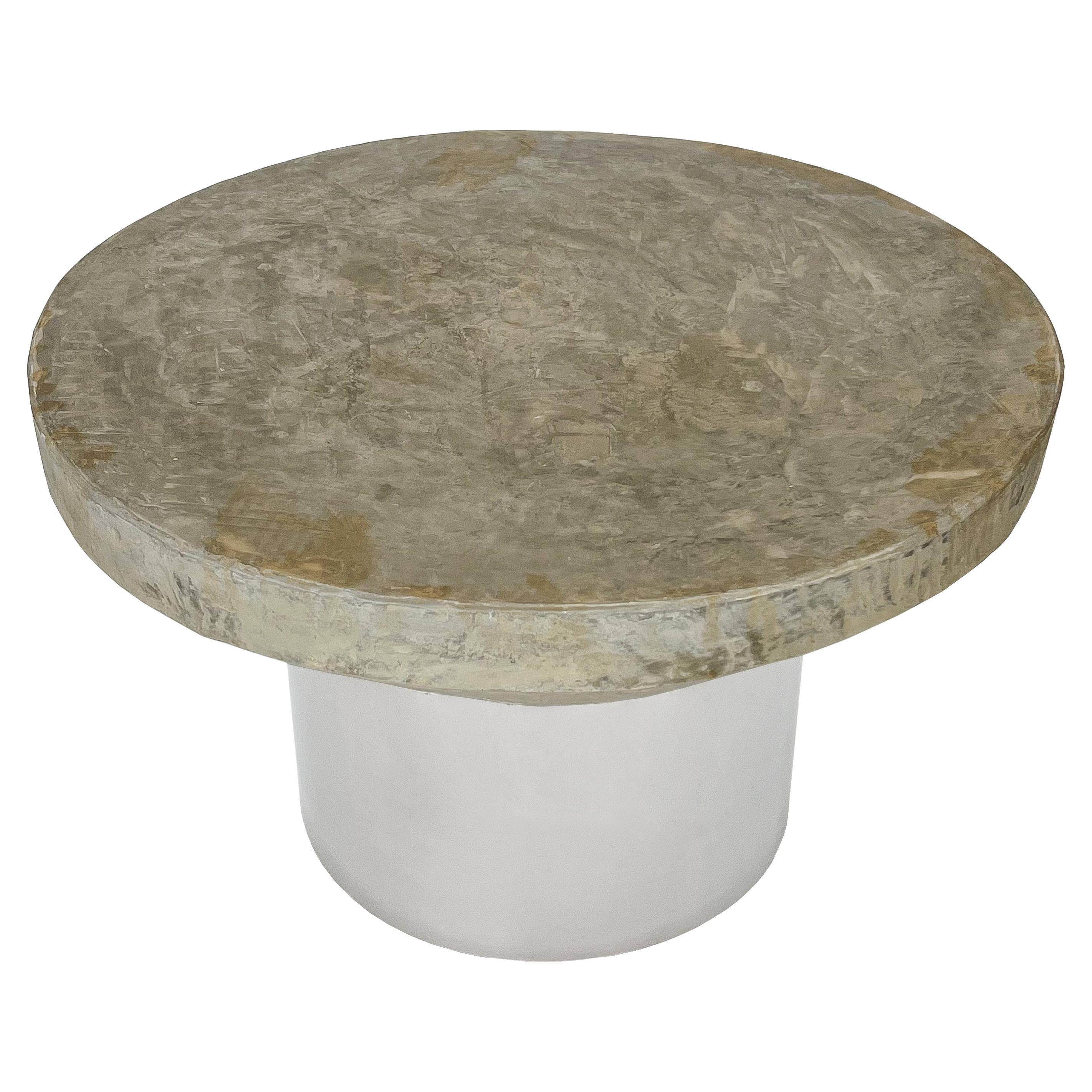 Faux Cement and Chrome Pedestal Coffee / End Table