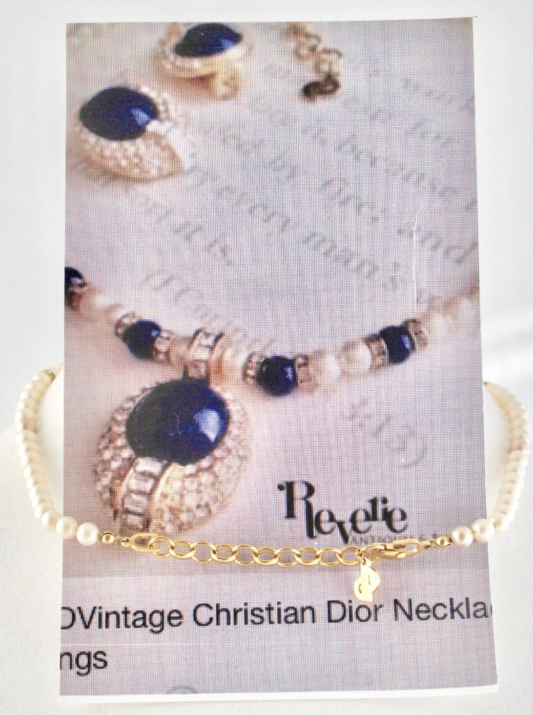 Christian Dior Faux Lapis Pearl Diamond Gold Pendant Necklace and Earring Set For Sale 1