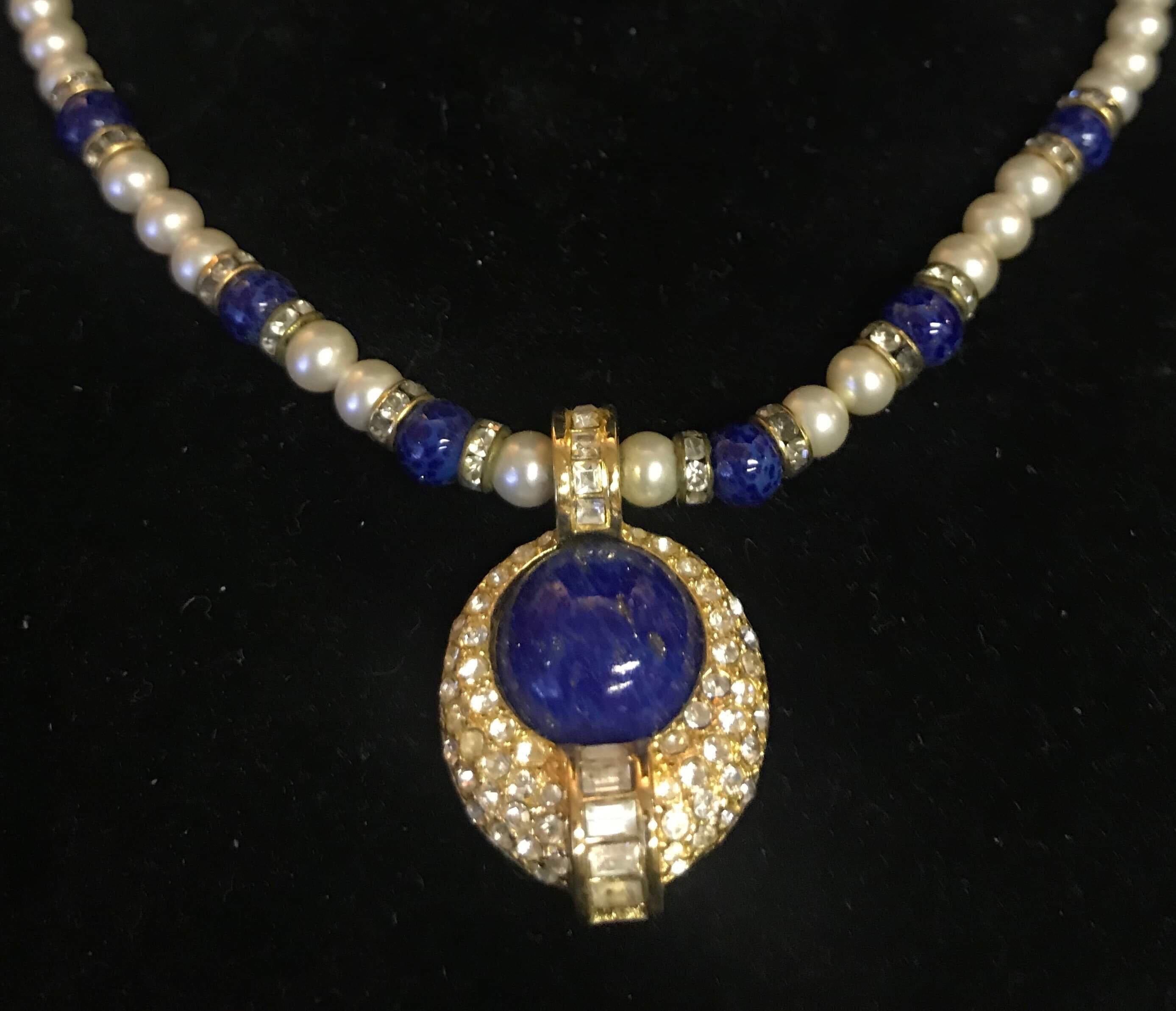 Christian Dior Faux Lapis Pearl Diamond Gold Pendant Necklace and Earring Set For Sale 2