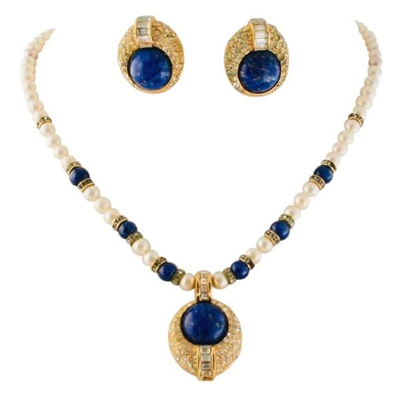 Christian Dior Faux Lapis Pearl Diamond Gold Pendant Necklace and Earring Set For Sale