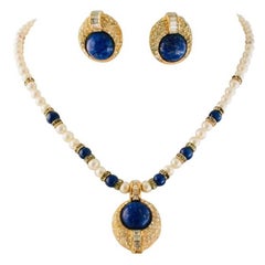 Christian Dior Faux Lapis Pearl Diamond Gold Pendant Necklace and Earring Set