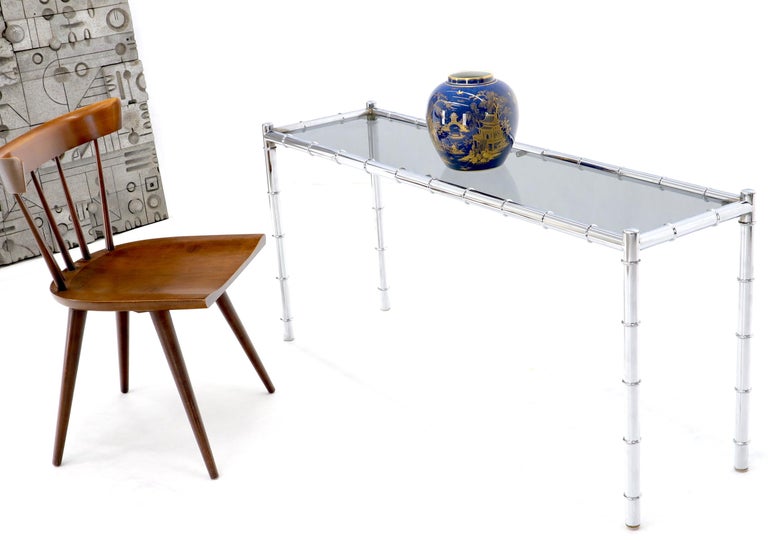 Mid-Century Modern smoked glass top faux chrome bamboo frame console sofa table.