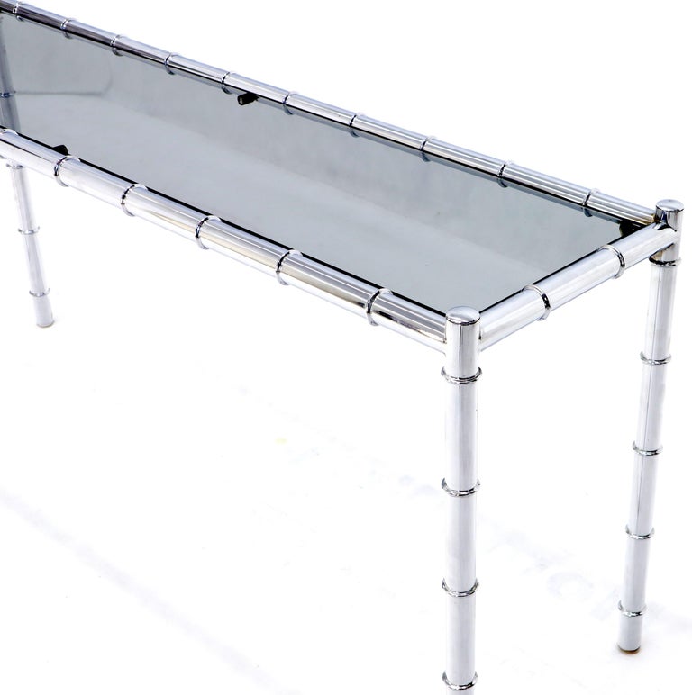 Faux Chrome Bamboo Smoked Glass Console Sofa Table For Sale 1