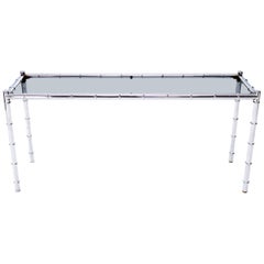 Vintage Faux Chrome Bamboo Smoked Glass Console Sofa Table