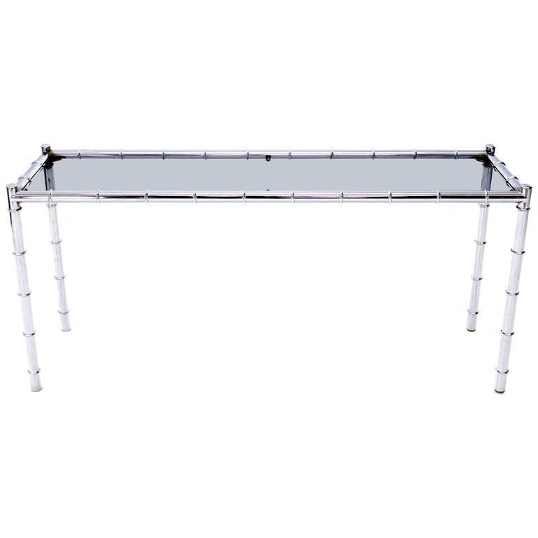 Faux Chrome Bamboo Smoked Glass Console Sofa Table For Sale