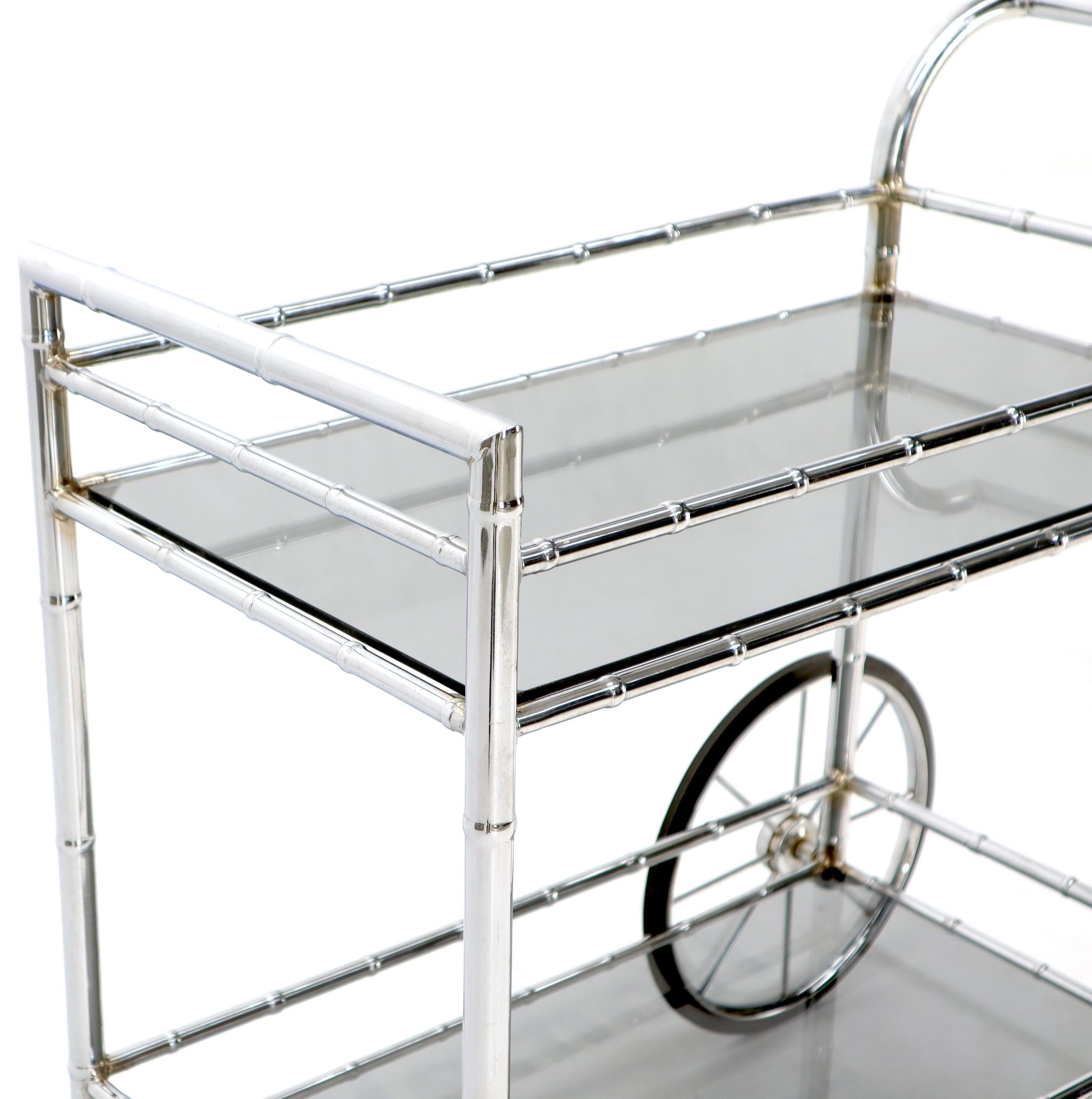 Faux Chrome Bamboo Smoked Glass Two-Tier Rolling Cart Server 4