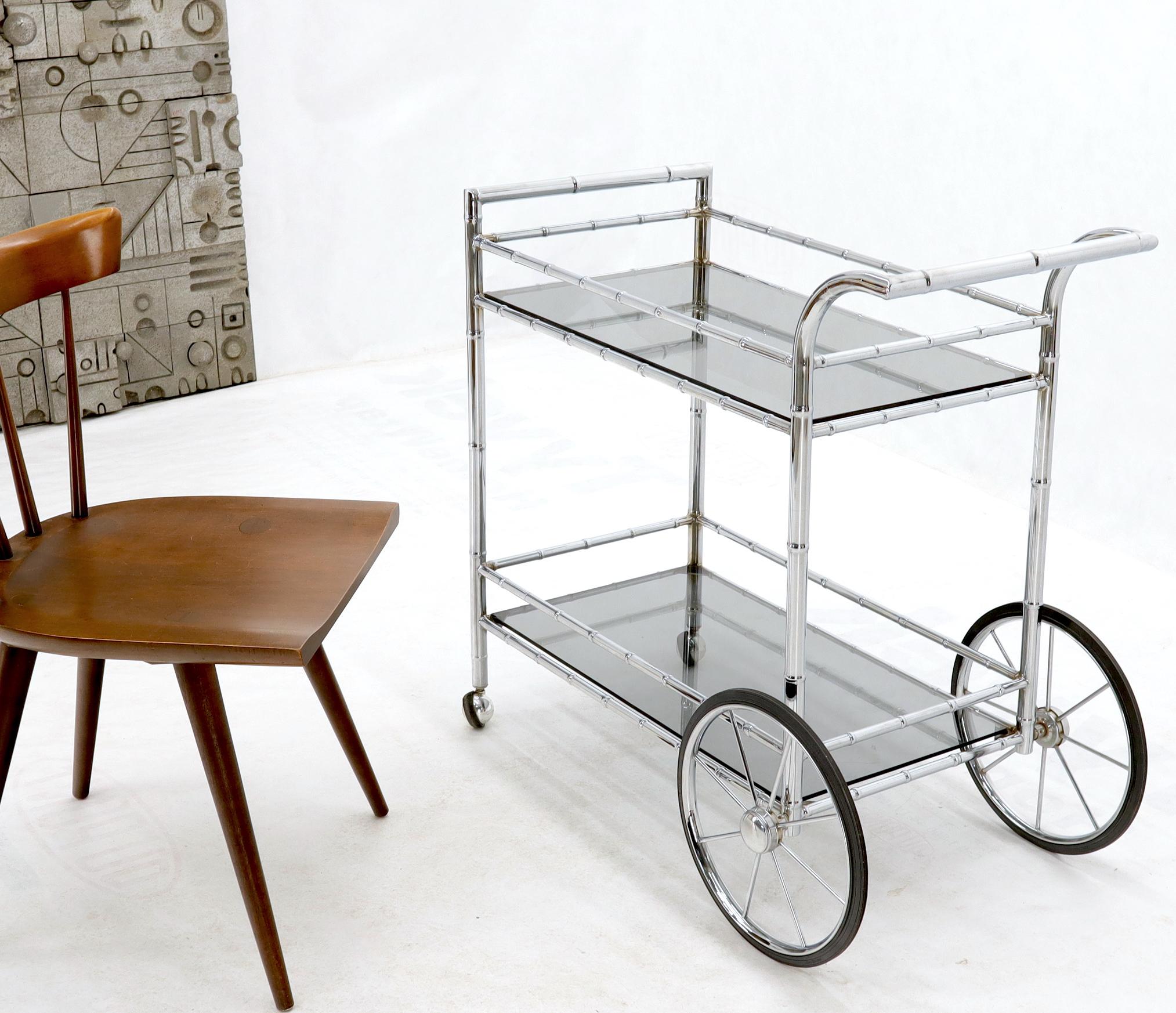 Mid-Century Modern faux chrome bamboo Italian serving bar cart. Nice larger wheels version. Excellent vintage condition.