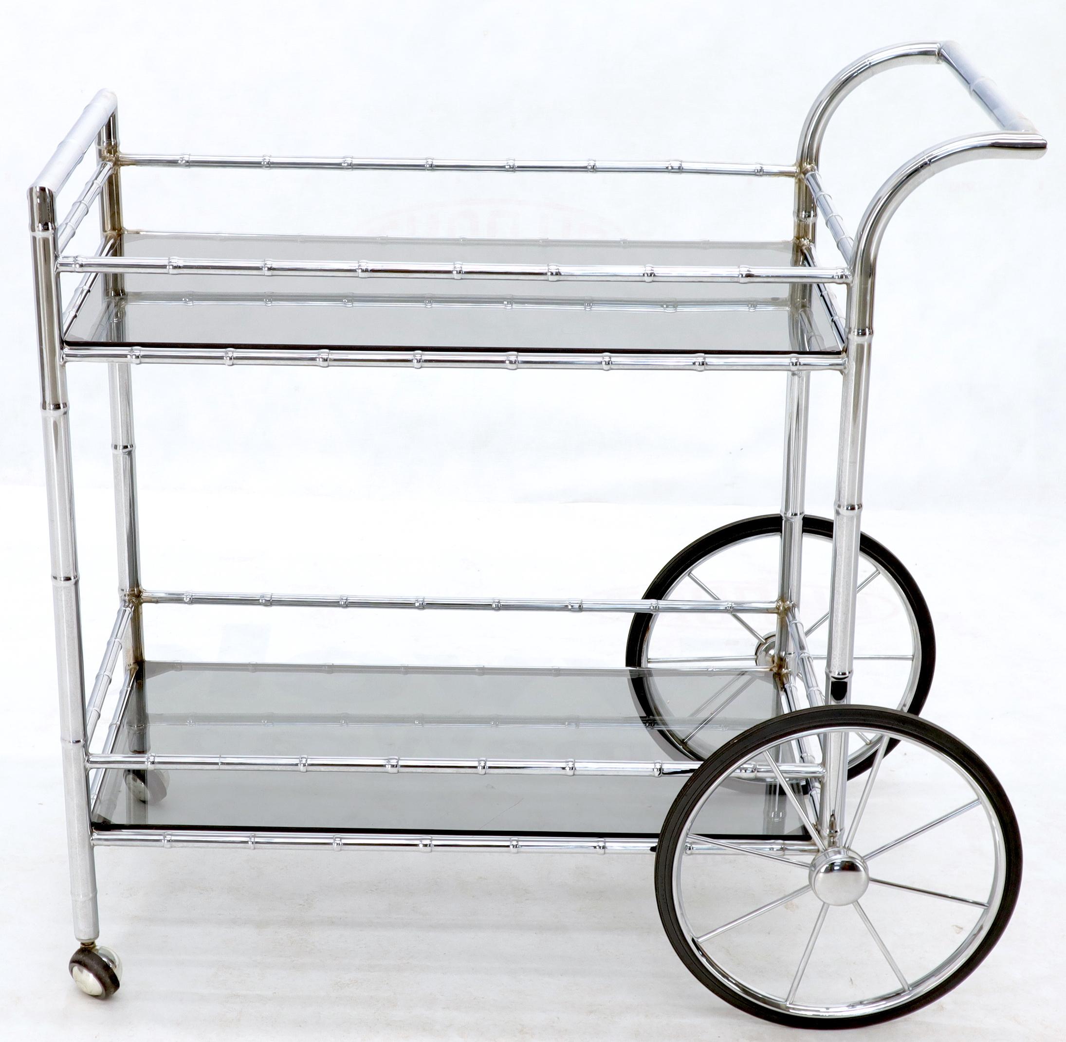 Mid-Century Modern Faux Chrome Bamboo Smoked Glass Two-Tier Rolling Cart Server