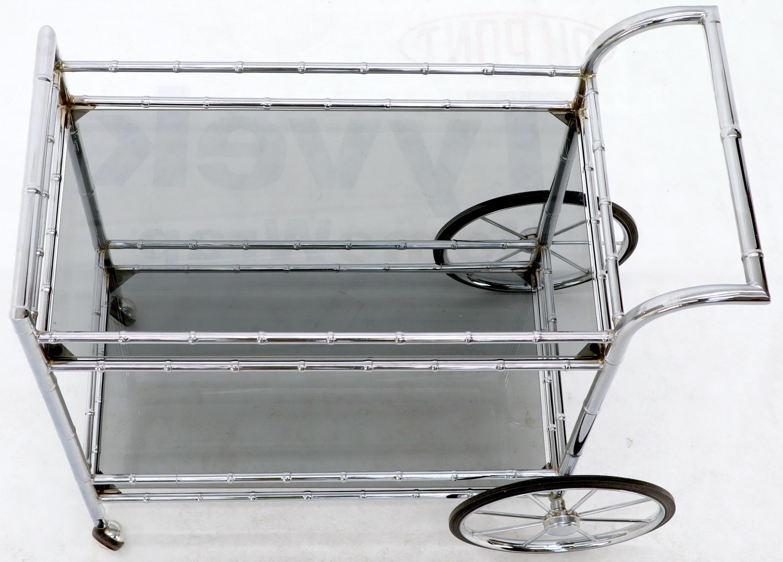 Italian Faux Chrome Bamboo Smoked Glass Two-Tier Rolling Cart Server