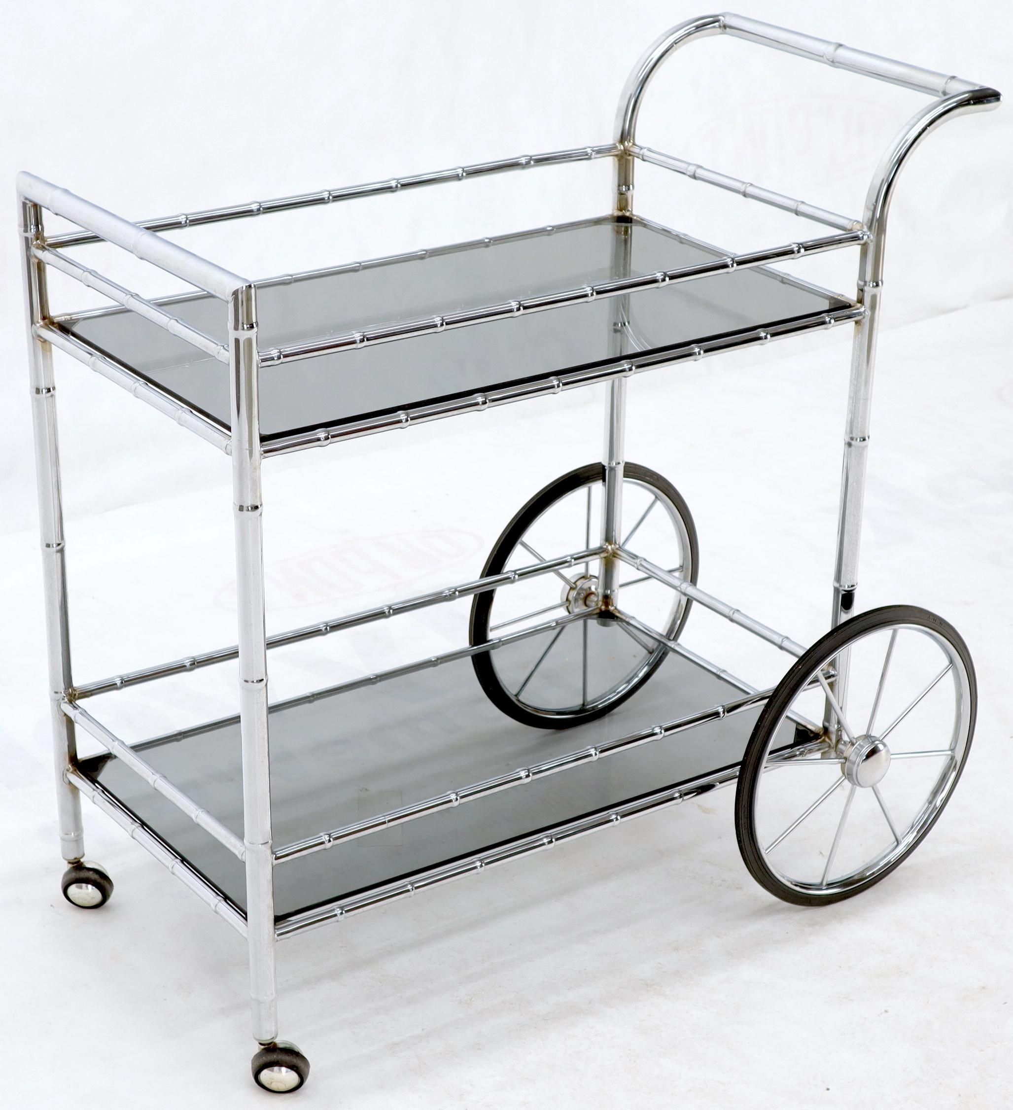 Faux Chrome Bamboo Smoked Glass Two-Tier Rolling Cart Server In Excellent Condition In Rockaway, NJ