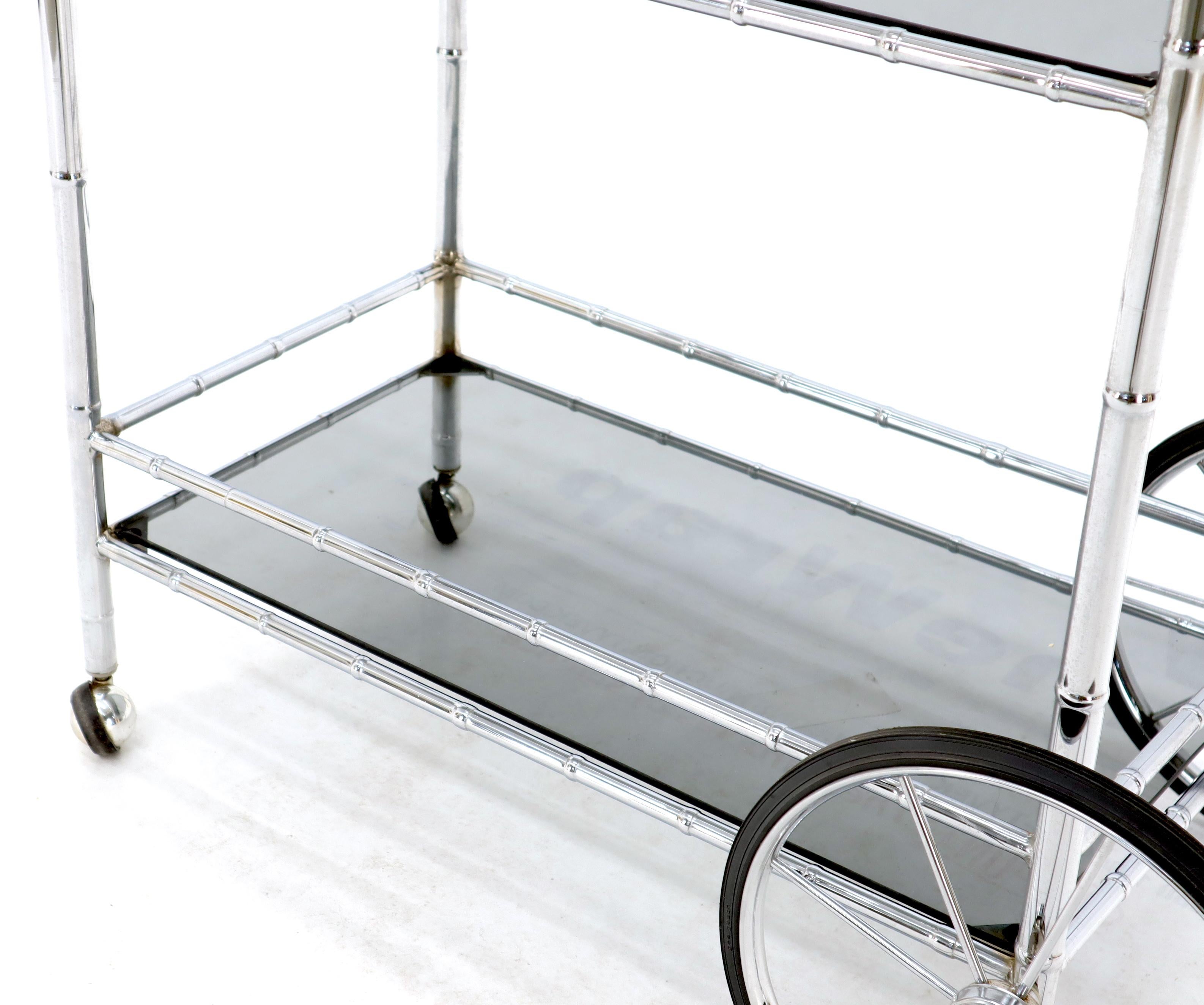 Faux Chrome Bamboo Smoked Glass Two-Tier Rolling Cart Server 2