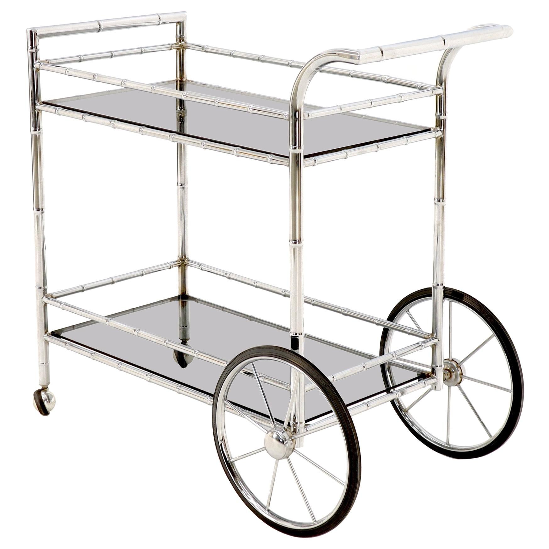 Faux Chrome Bamboo Smoked Glass Two-Tier Rolling Cart Server