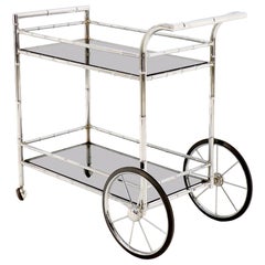 Faux Chrome Bamboo Smoked Glass Two-Tier Rolling Cart Server