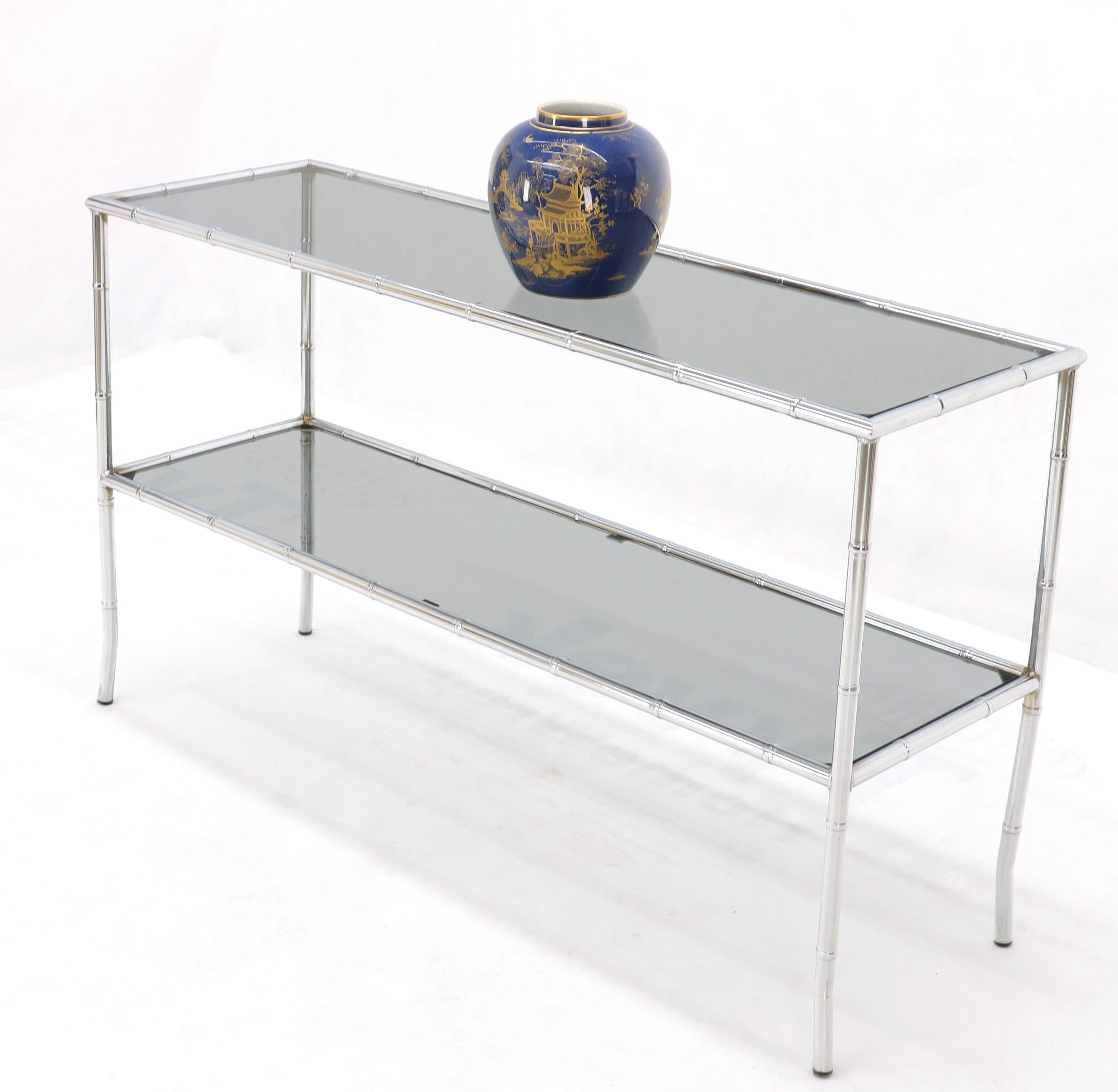 Faux Chrome Bamboo Smoked Glass Two-Tier Sofa Console Table For Sale 4