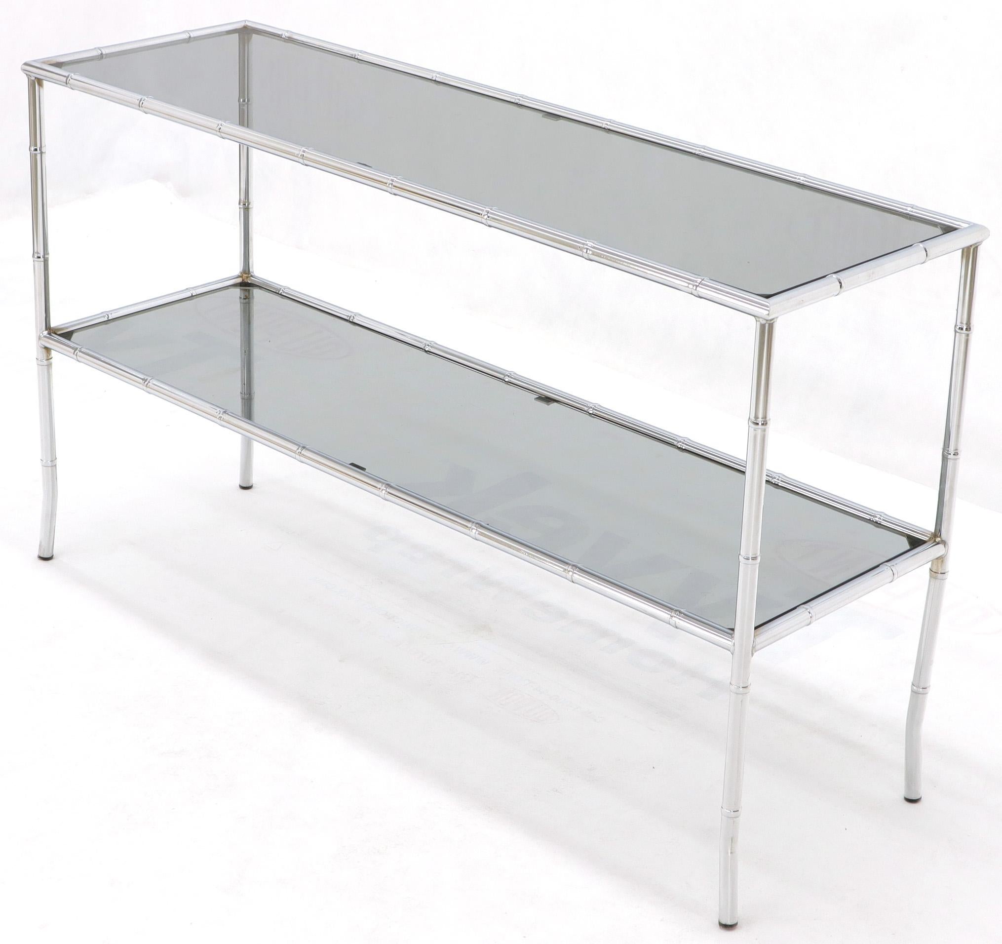 Mid-Century Modern Faux Chrome Bamboo Smoked Glass Two-Tier Sofa Console Table For Sale