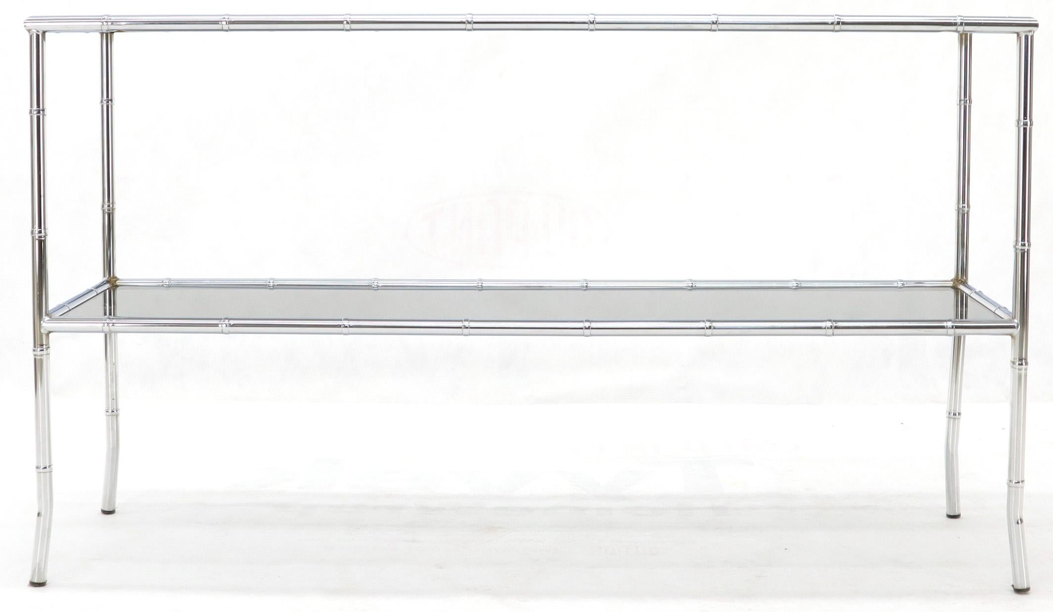Faux Chrome Bamboo Smoked Glass Two-Tier Sofa Console Table In Excellent Condition For Sale In Rockaway, NJ