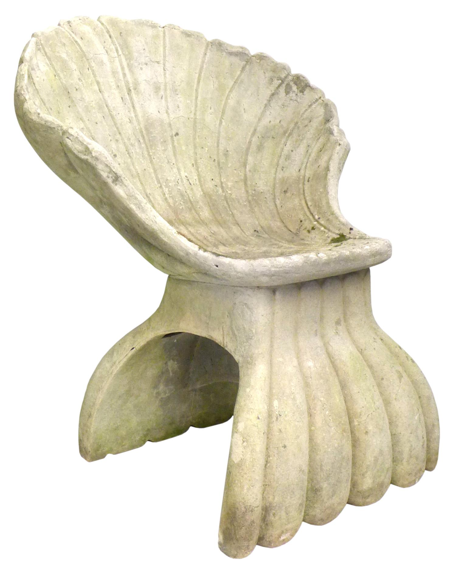 A fantastic, faux-concrete, cast fiberglass shell chair. A wonderful take on the classic Italian grotto chair, joined fiberglass forms glazed with concrete. Great patina from age and some life outdoors. An alluring form in an unexpected material; a