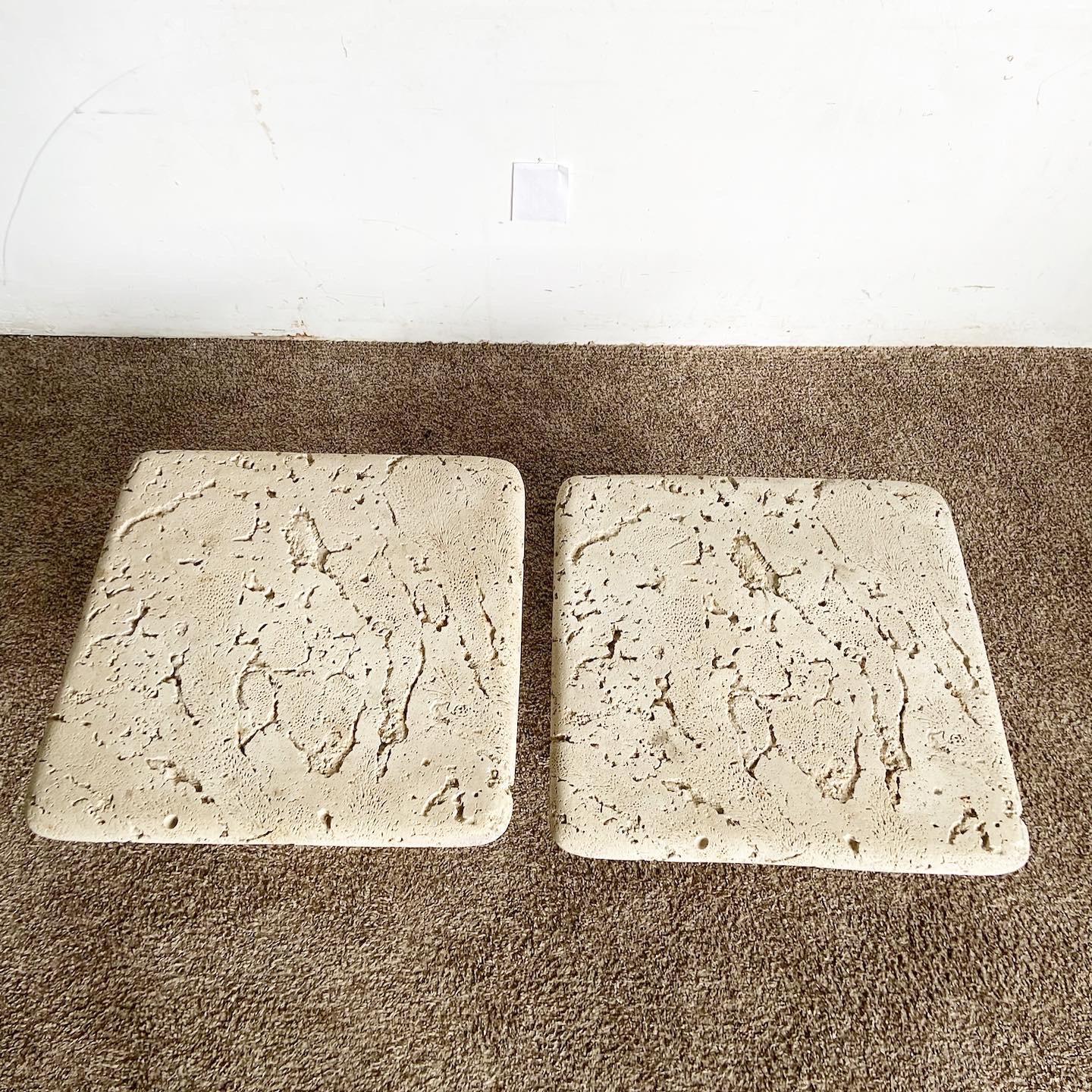 Post-Modern Faux Coquina Coral Cast Cement Square Top Mushroom Nesting Tables - a Pair For Sale