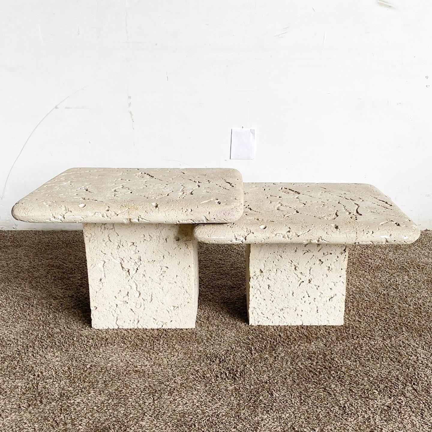 American Faux Coquina Coral Cast Cement Square Top Mushroom Nesting Tables - a Pair For Sale