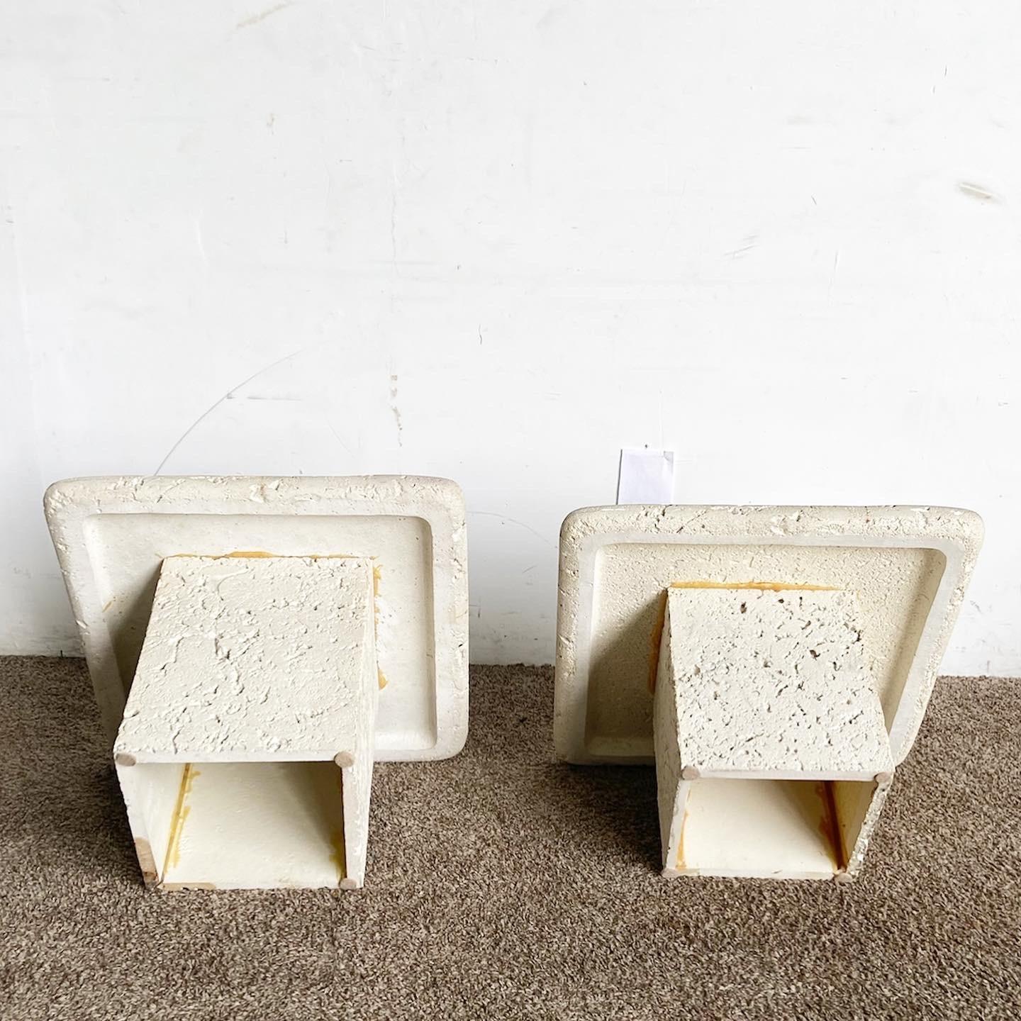 Faux Coquina Coral Cast Cement Square Top Mushroom Nesting Tables - a Pair In Good Condition For Sale In Delray Beach, FL
