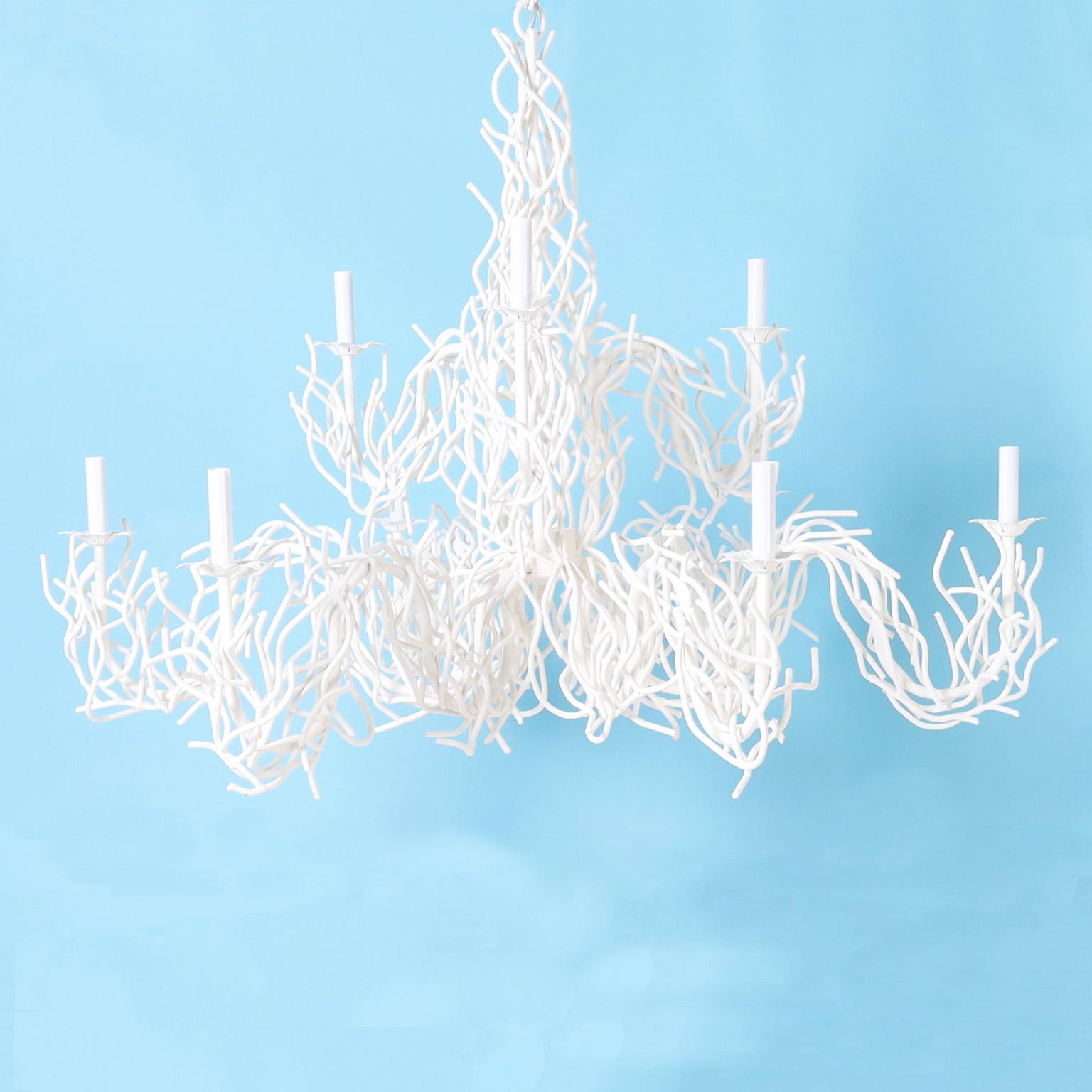 Striking large vintage coastal faux white coral chandelier ingeniously crafted with iron with eight lights and plenty of decorative appeal.