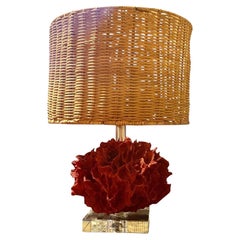Faux Coral Table Lamp Wicker Shade Lucite Base