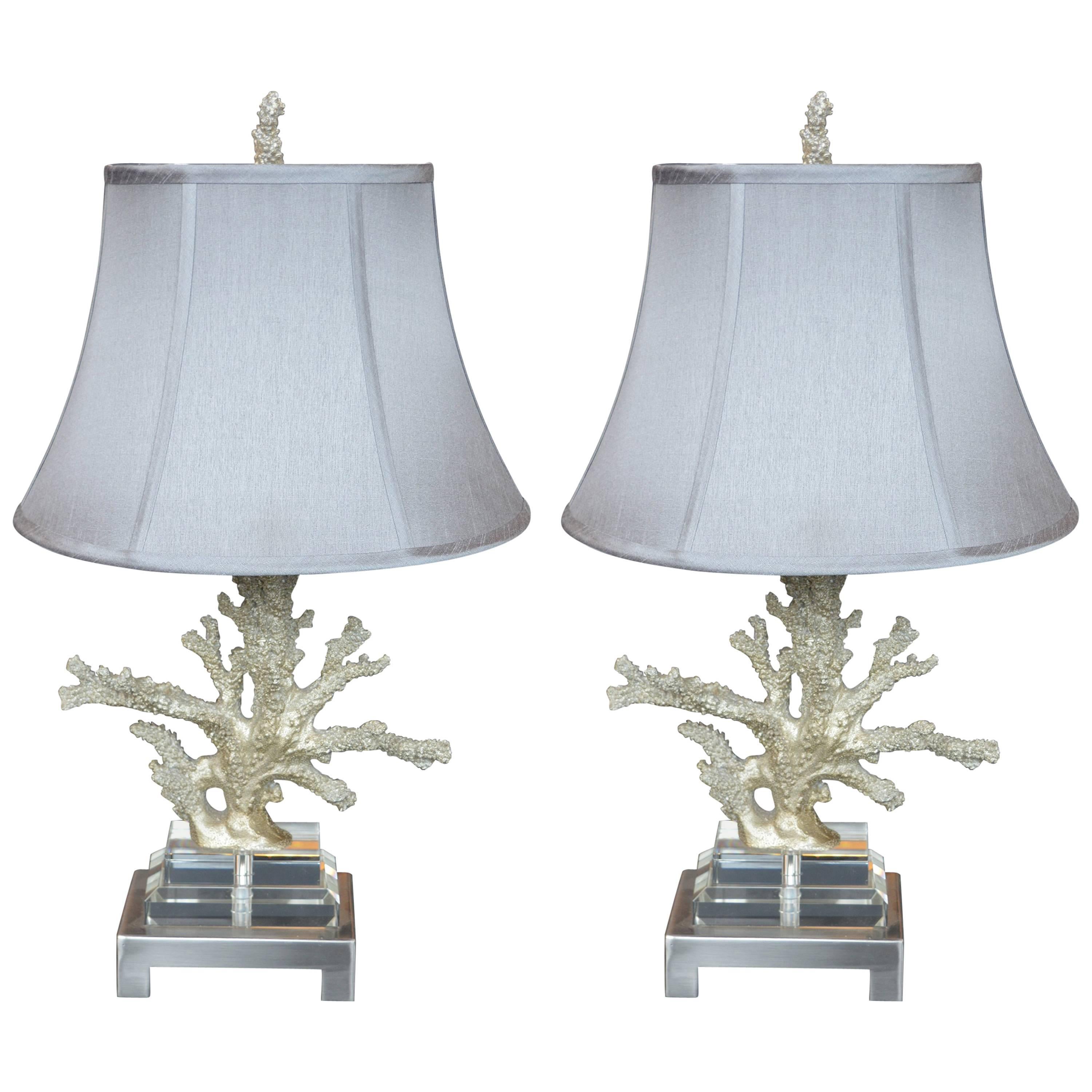 Faux Coral Table Lamps in Silver