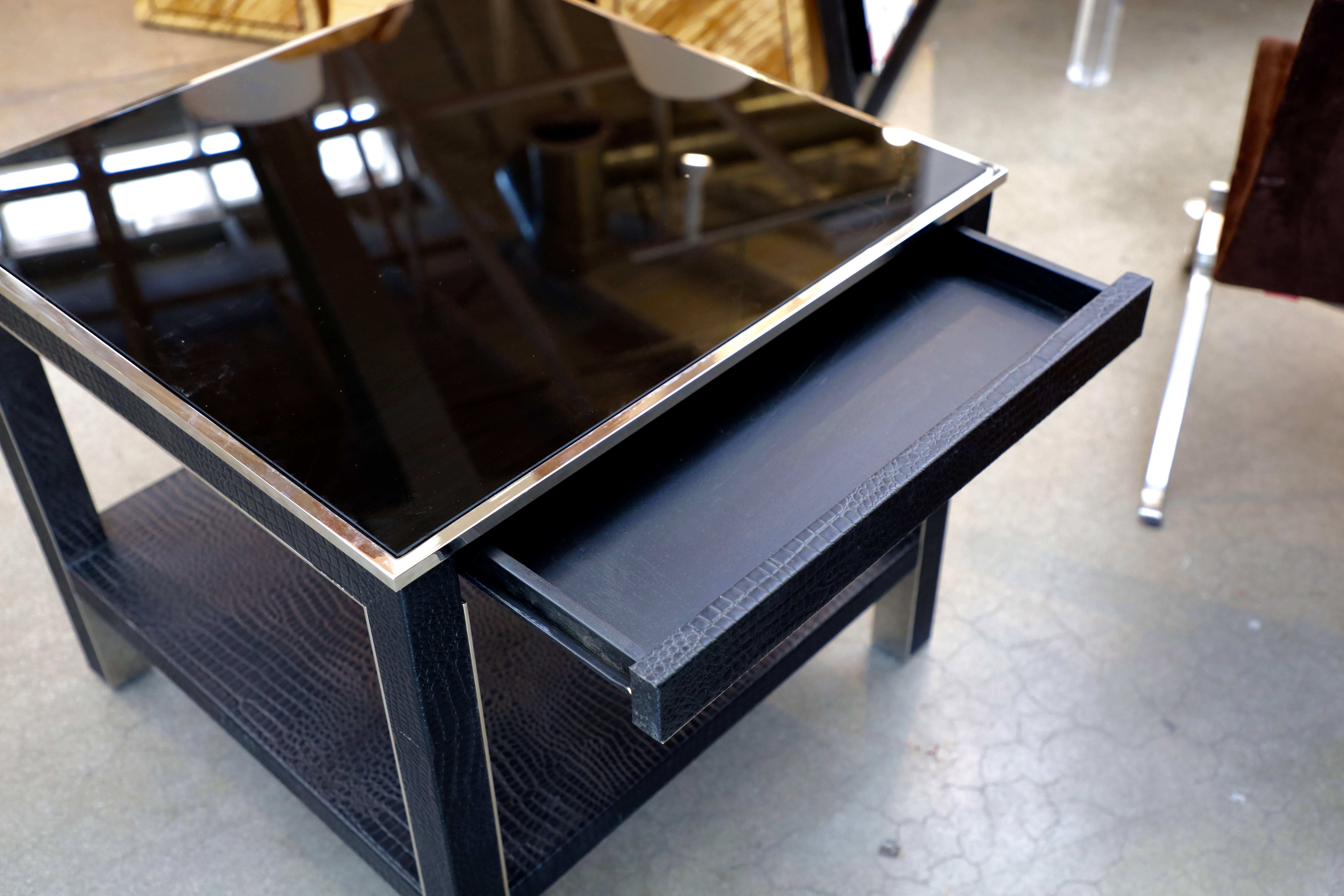 Faux Croc and Steel Table with Drawer In Good Condition For Sale In Palm Springs, CA