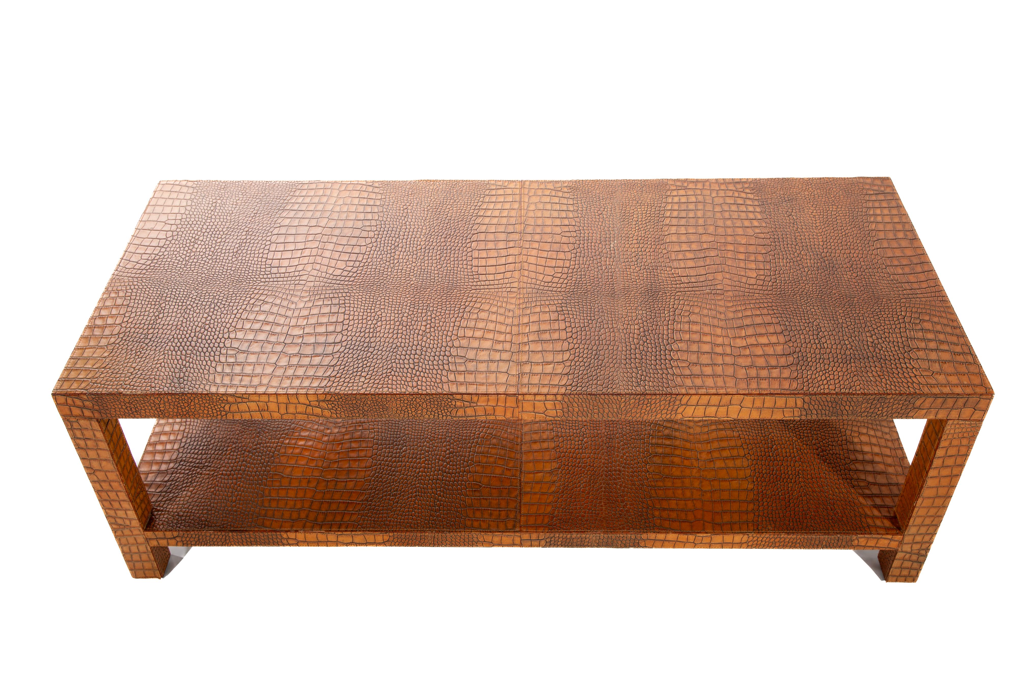 Chelsea coffee table from Mrs. MacDougall, covered in faux croc.  
Made in France, stamped on bottom 