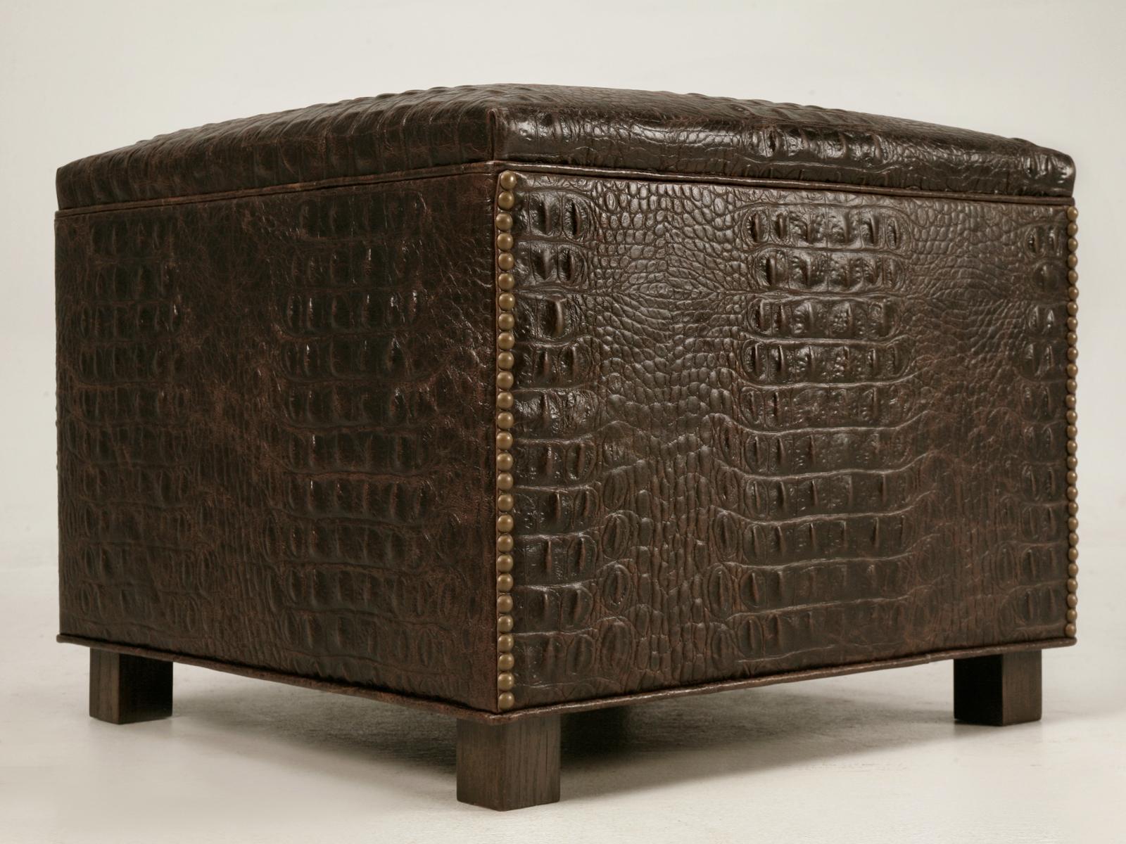 Hand-Crafted Faux Croc Leather Hand-Made in Chicago Ottoman Available in Any Dimension For Sale