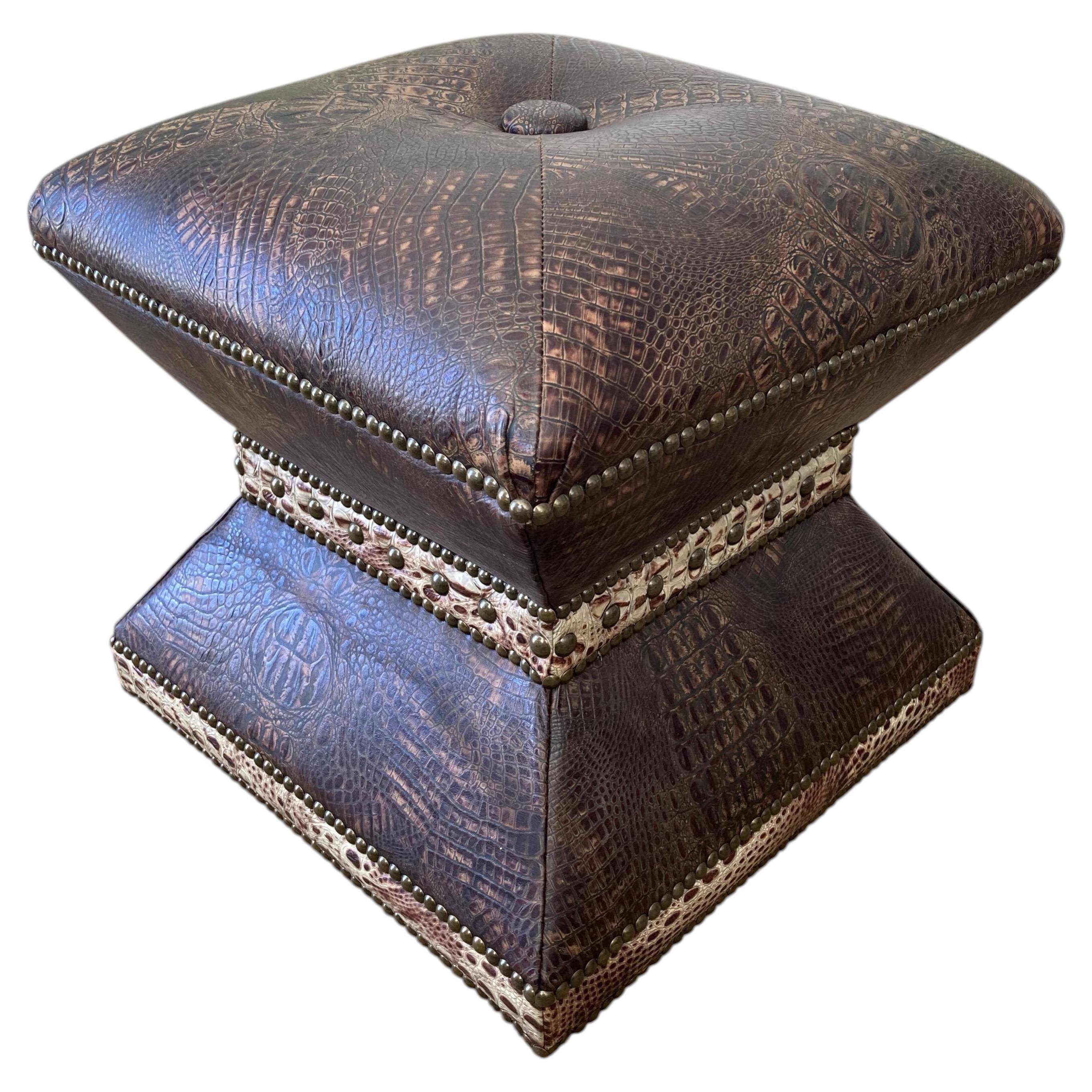 Faux Crocodile Custom Ottoman with Nailheads Brown For Sale