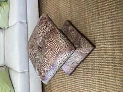 Faux Crocodile Custom Ottoman With Nailheads Off White and Brown