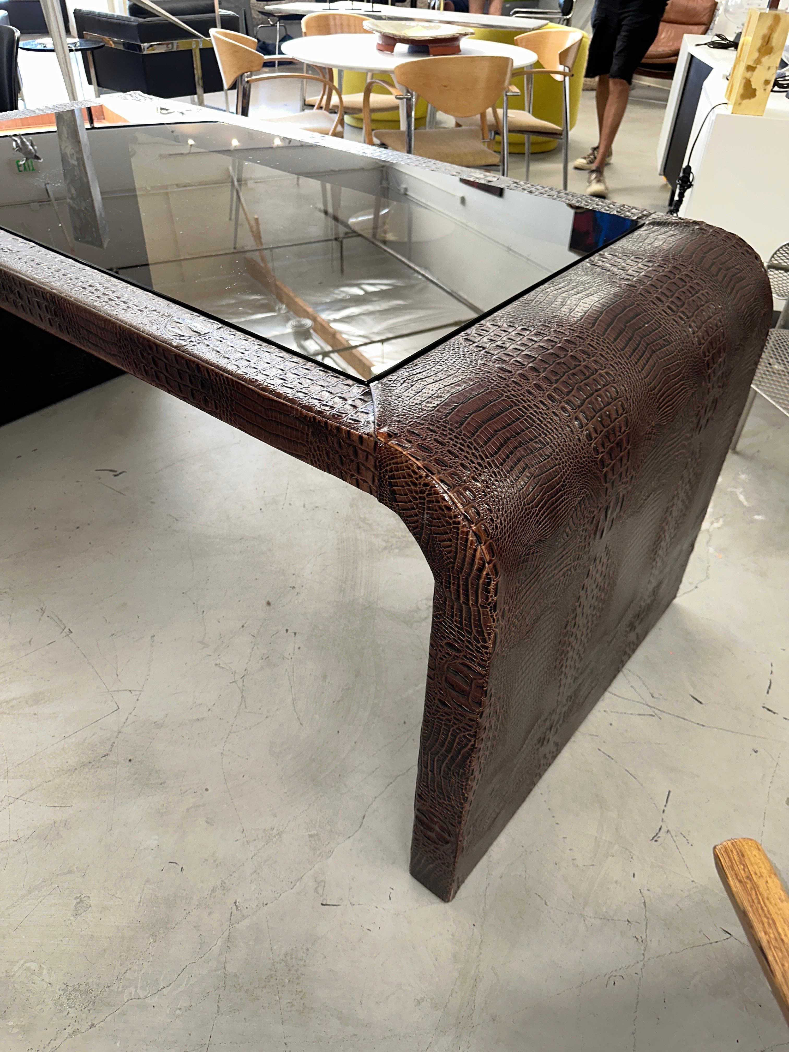 Faux Crocodile Leather Desk Bronze Glass Inset For Sale 5