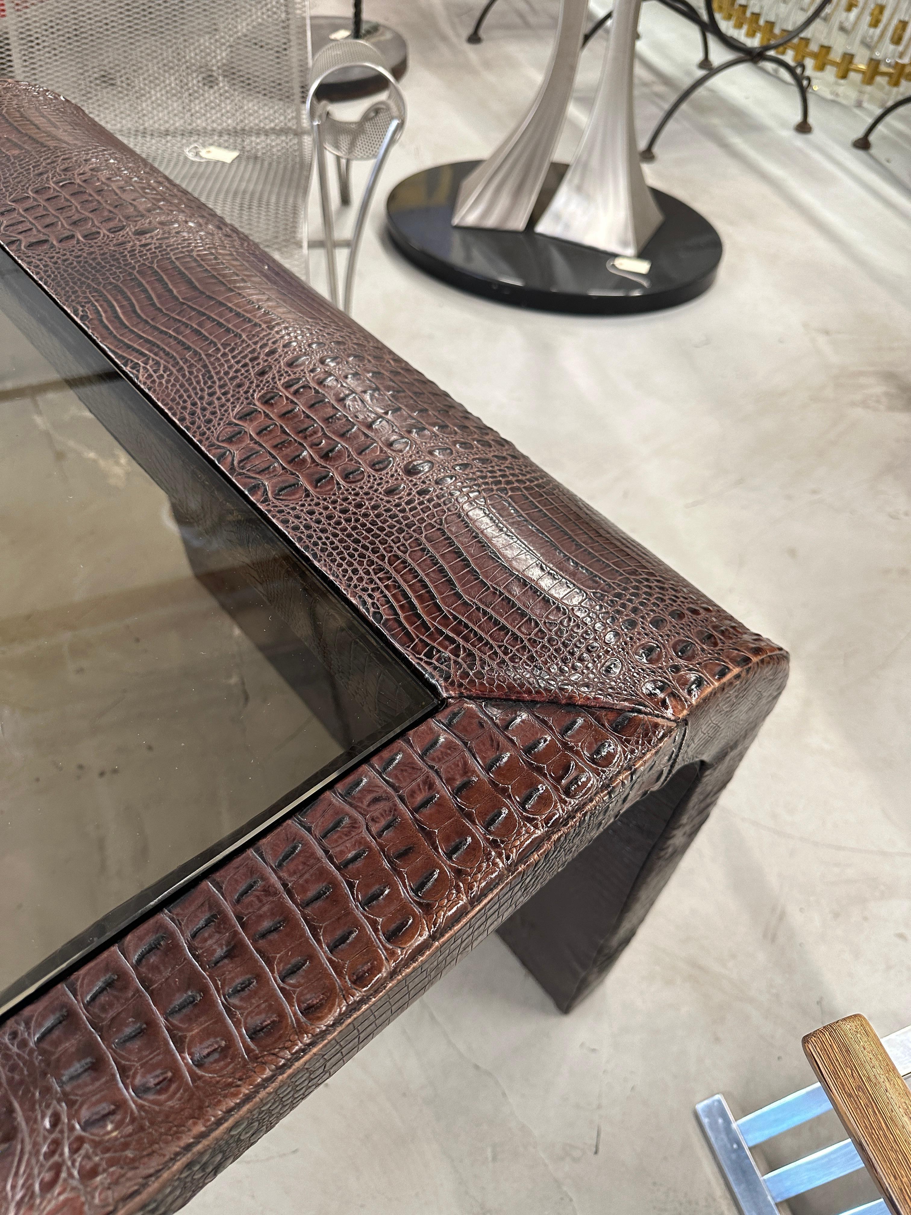 Hand-Crafted Faux Crocodile Leather Desk Bronze Glass Inset For Sale