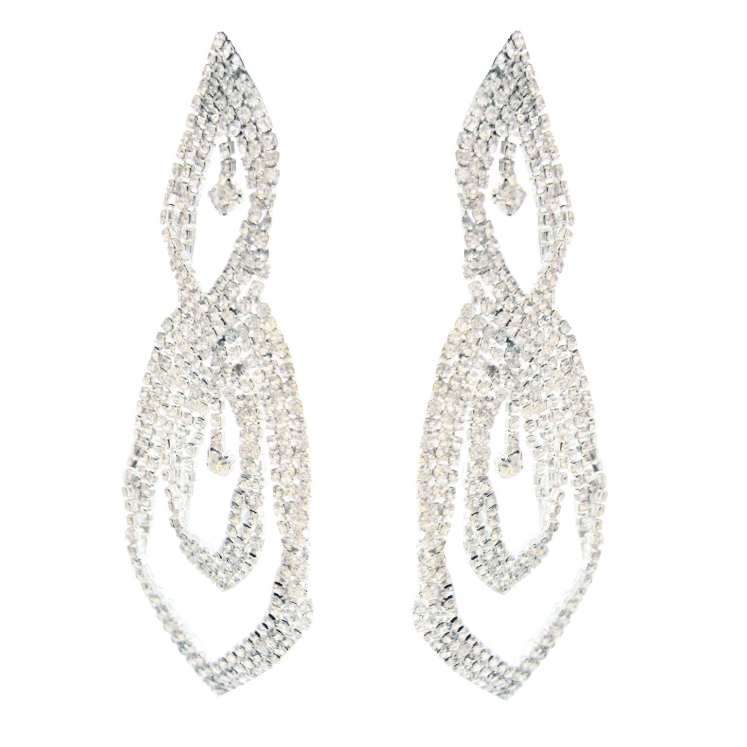 Beautiful 1970s faux diamond large drop pierced earrings, 11 cm  x  5 cm.
