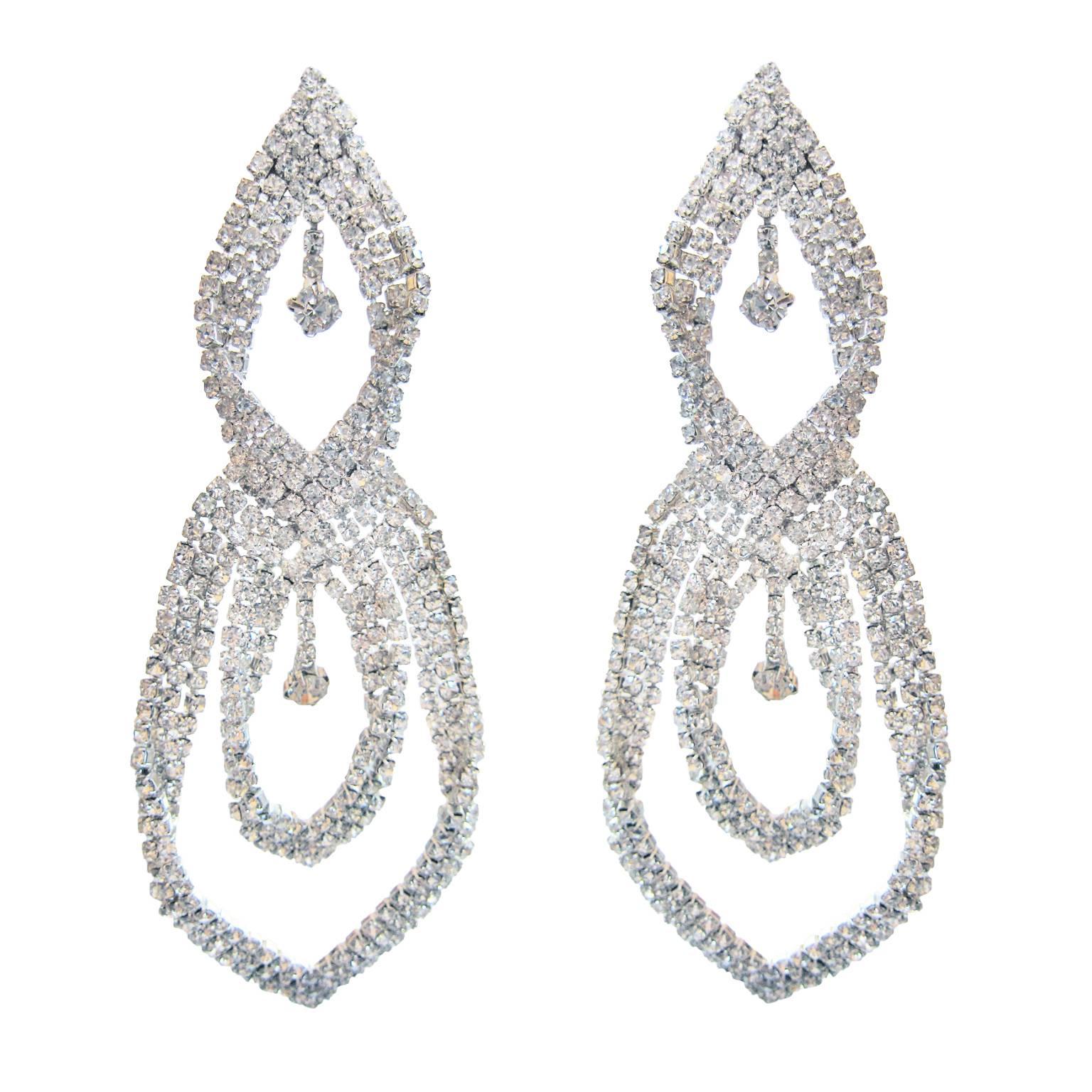 Faux Diamond Rhinestone Chandelier Large Earrings 1970s