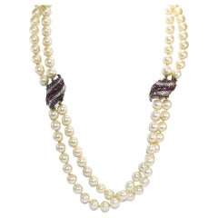 Vintage Faux Double Pearl Strand with 18K White Gold Diamond and Ruby Clasps