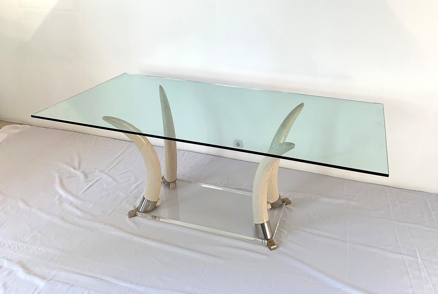 Mid-Century Modern Faux Elephant Tusk and Lucite Table For Sale