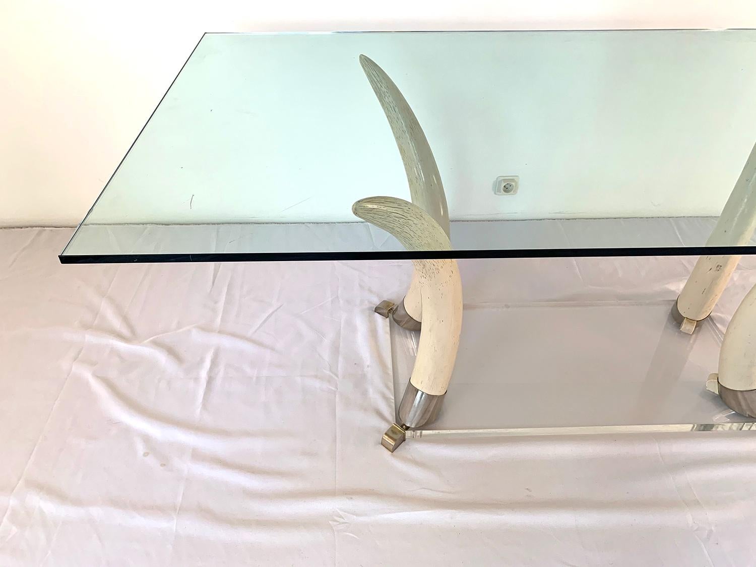 Steel Faux Elephant Tusk and Lucite Table For Sale