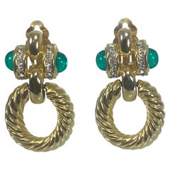 Faux Emerald & Crystal Rhinestone Twisted Gold Metal Door Knocker Earrings