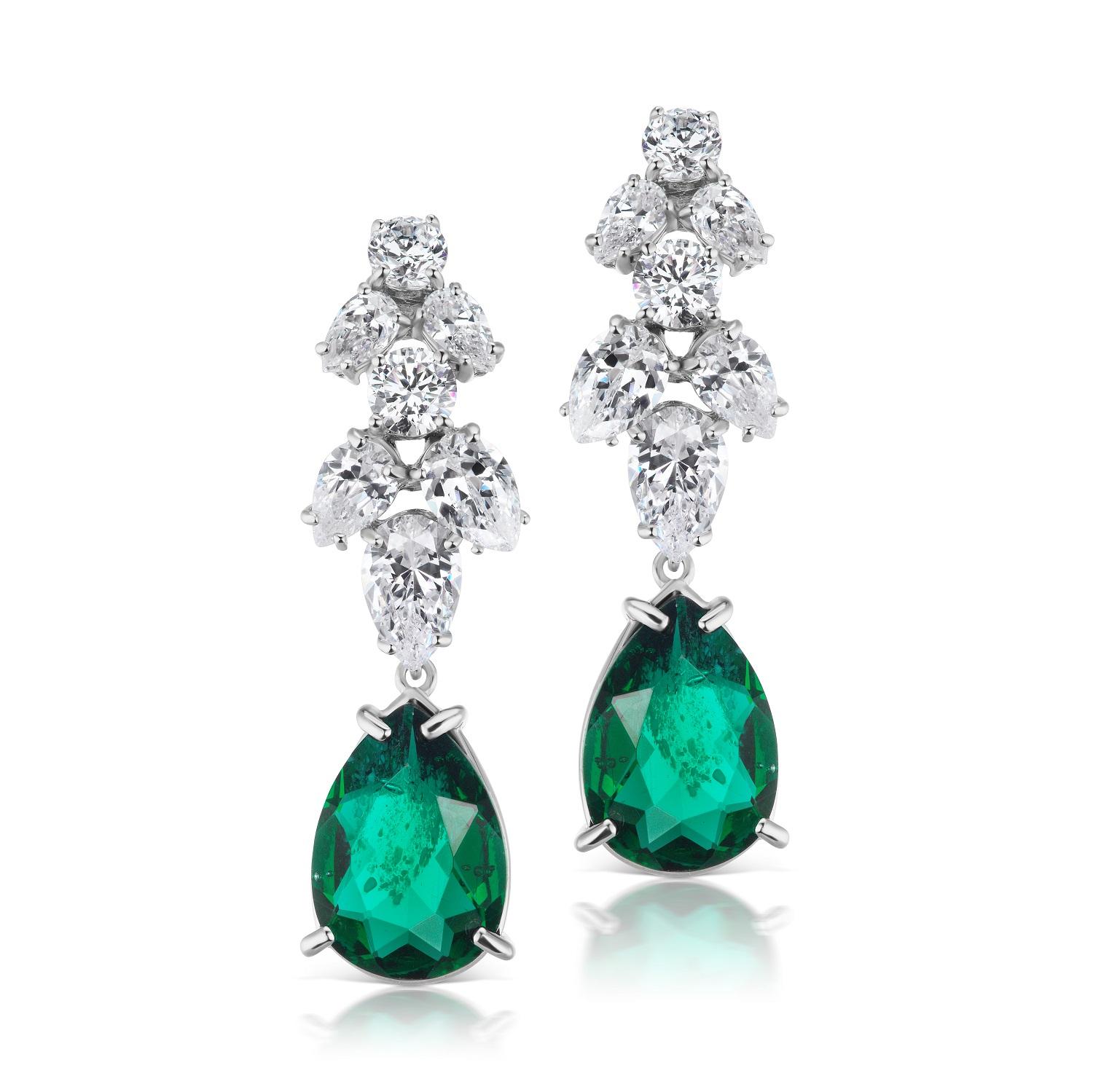 Magnificent Costume Jewelry synthetic emerald diamond delicate chandelier earrings set with marquise, pear shape and round CZ with synthetic emerald in rhodium sterling measures 2 inches long.